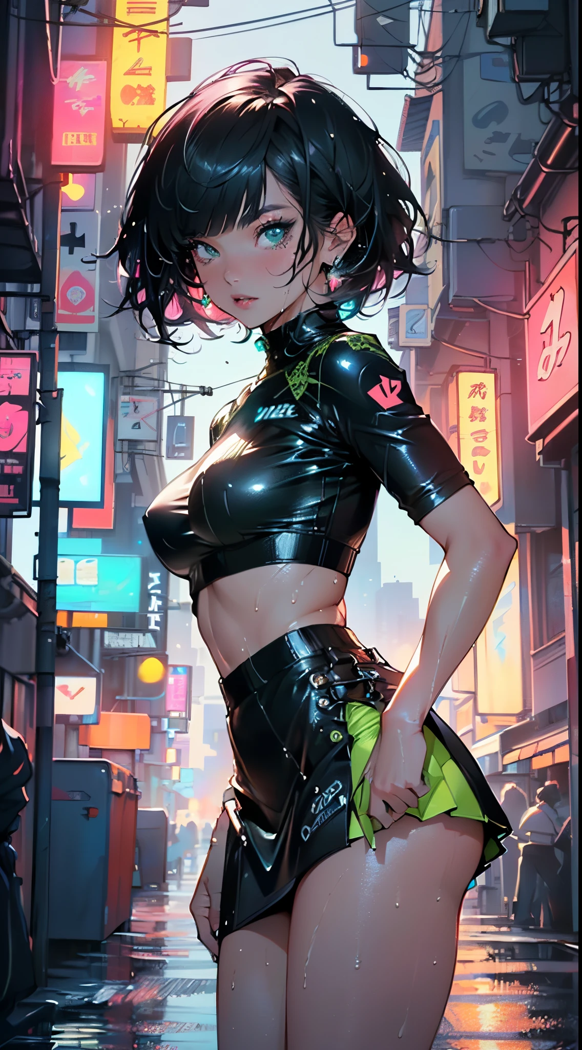 (masterpiece, 最high quality, high quality, High resolution, Super detailed), cyber style lever girl, 1 girl, alone, short hair, blurry returnground, from behind, from below,whole body,looking at the viewer, return,bare shoulders,