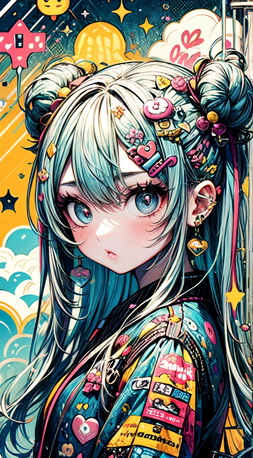 "kawaii, Pescador, linda mulher com rosa, amarelo, and baby blue color scheme. She is dressed in sky-themed clothing made of clouds and sky motifs... Your look is Fisherman and soft, with accessories decorates like hair clips. Ela incorpora o estilo de moda vibrante e moderno de Harajuku." cabelo azul curto, Olhos vermelhos, chifres, demon wings, peitos grandes,bunda grande, Big Lips, juicy lips, cabelo enorme, sorrir, Corte do Bob, space buns, ornamento do cabelo da nuvem