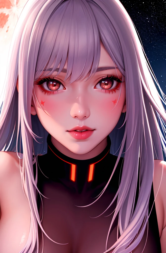 1girl, beautiful face, ((white eyes)), sexy pose, Red moon in the background, stars, space, (lightroom:1.13), soft light, (natural skin texture:1.2), (hyperrealism:1.2), sharp focus, focused