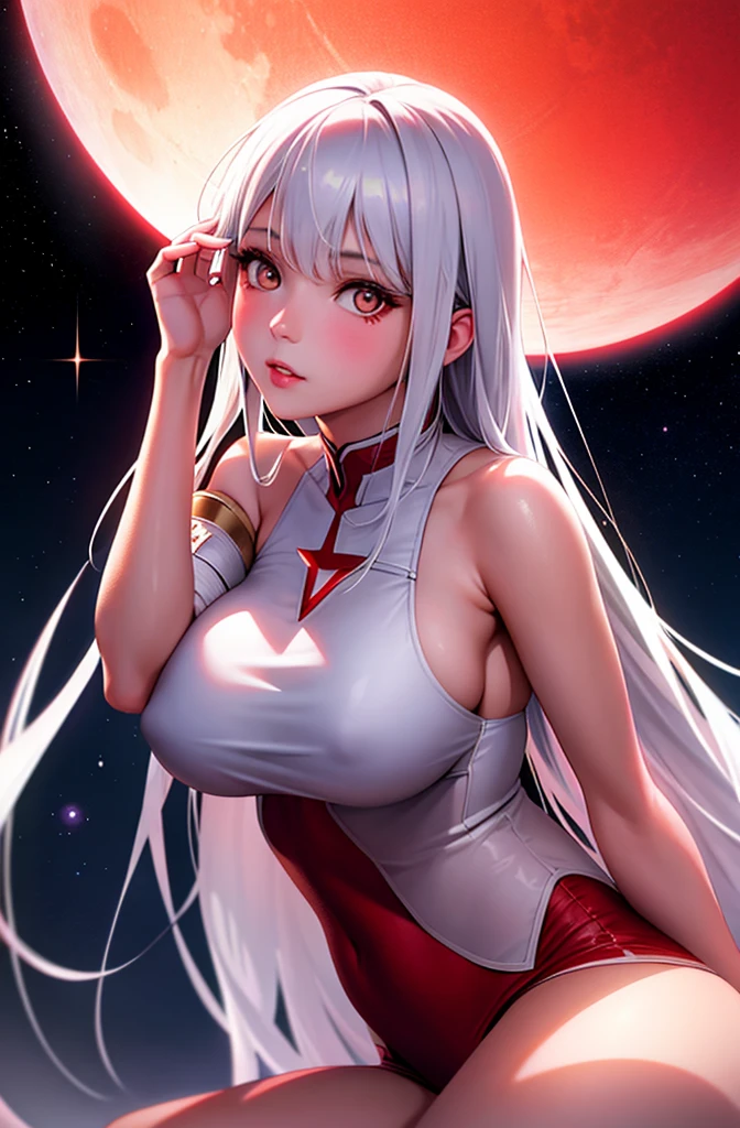 1 girl, beautiful face, ((white eyes)), sexy pose, red moon in the background, stars, space, (lightroom: 1.13), soft light, (natural skin texture: 1.2), (hyperrealism: 1.2), sharp focus, focus