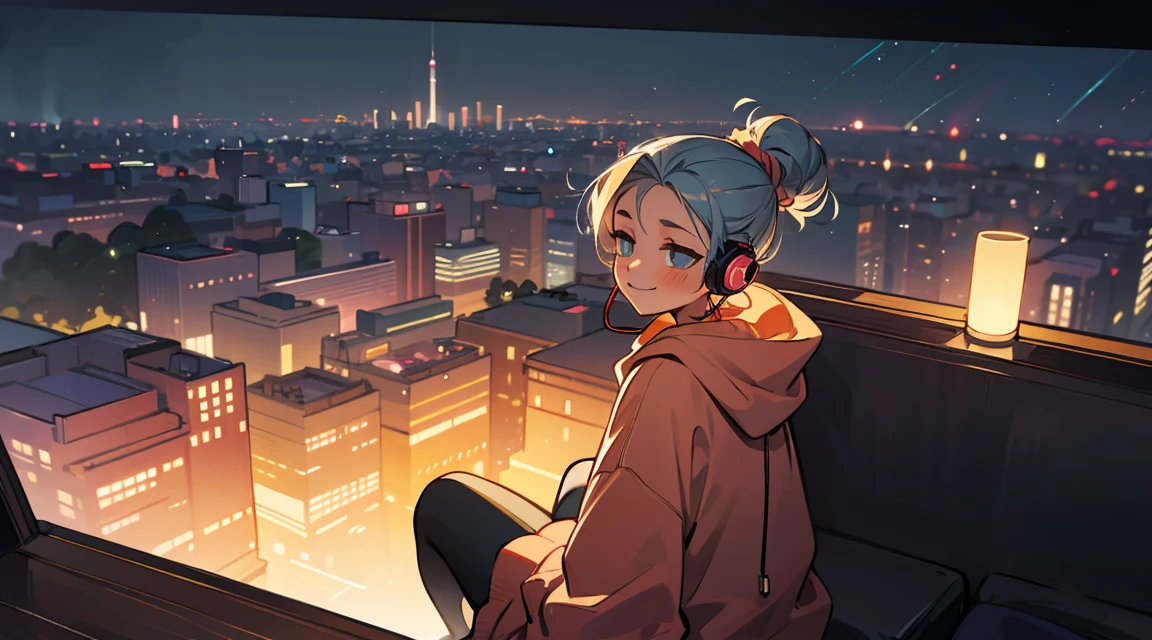 A beautiful girl is sitting in a peaceful room, wearing headphones and looking out the window at night. The room is bathed in soft moonlight, and the only sound is the gentle hum of the city outside. The girl is wearing a comfortable oversized hoodie and leggings, and her hair is pulled back in a messy bun. She is smiling and relaxed, and the music she is listening to seems to be bringing her peace.
