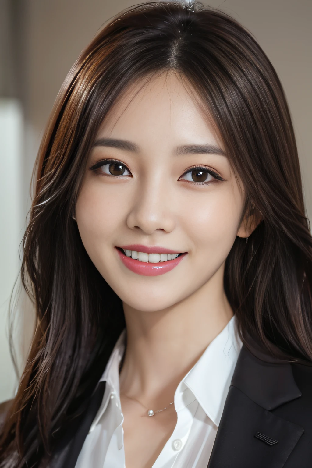 masutepiece, Best Quality, Photorealistic, Ultra-detailed, finely detail, High resolution, 8K Wallpaper, 1 beautiful woman,, light brown messy hair, in a business suit, foco nítido, Perfect dynamic composition, Beautiful detailed eyes, detailed hairs, Detailed realistic skin texture, Smiling, Close-up portrait, Model body type、Laughing、