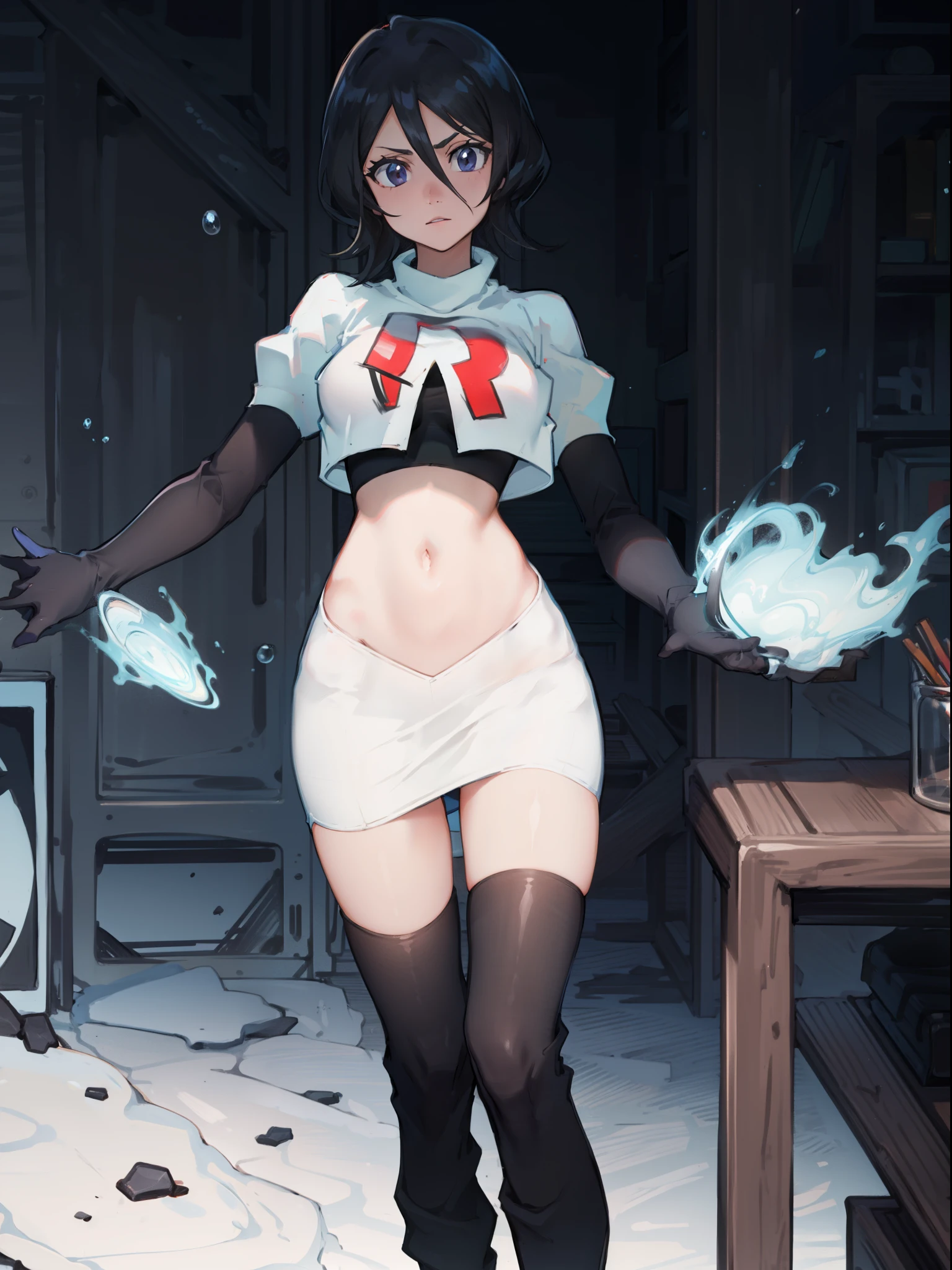 Black color hair, team rocket uniform, red letter R, white skirt,white crop top,black thigh-high boots, black elbow gloves,