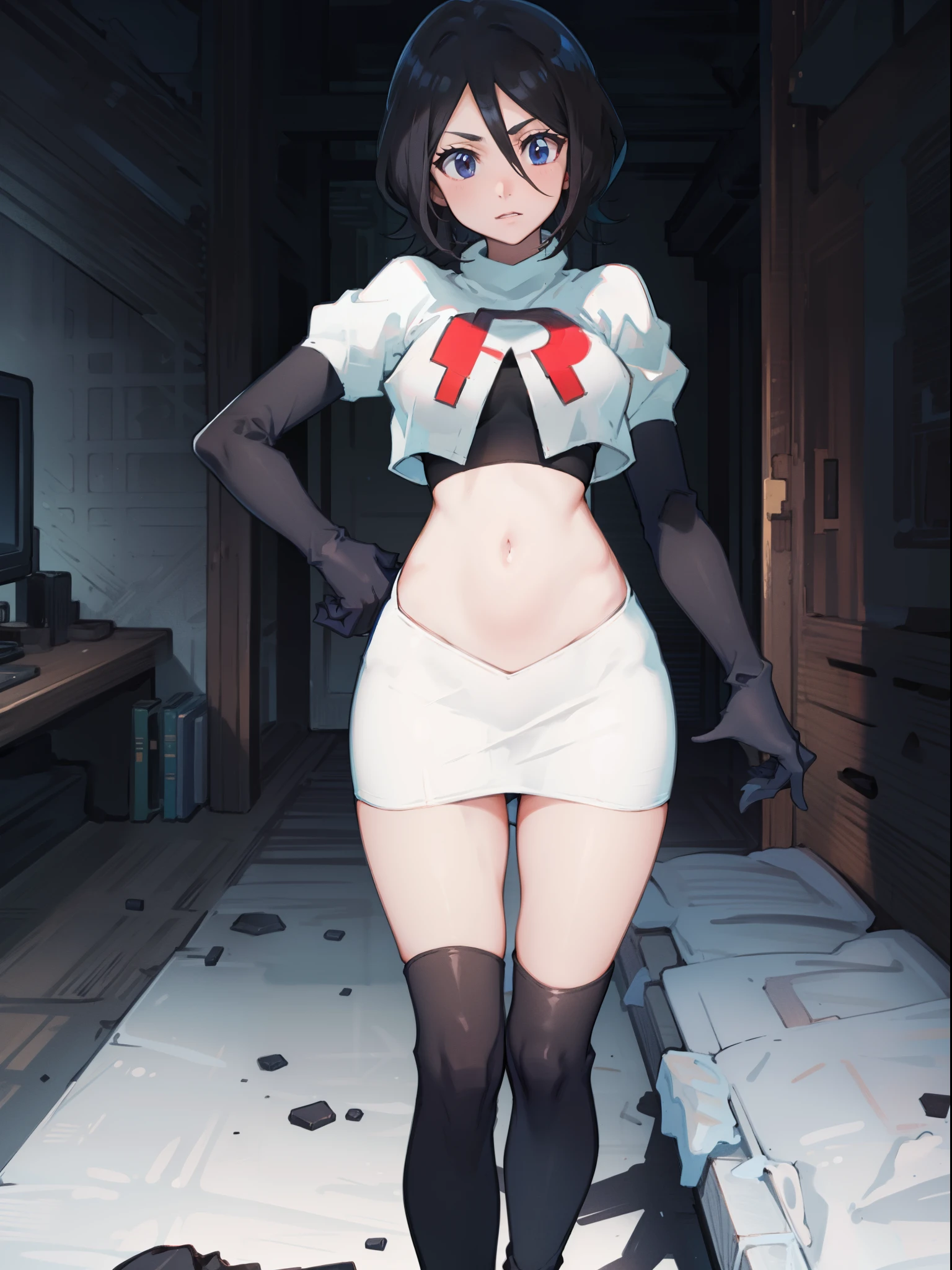 Black color hair, team rocket uniform, red letter R, white skirt,white crop top,black thigh-high boots, black elbow gloves,