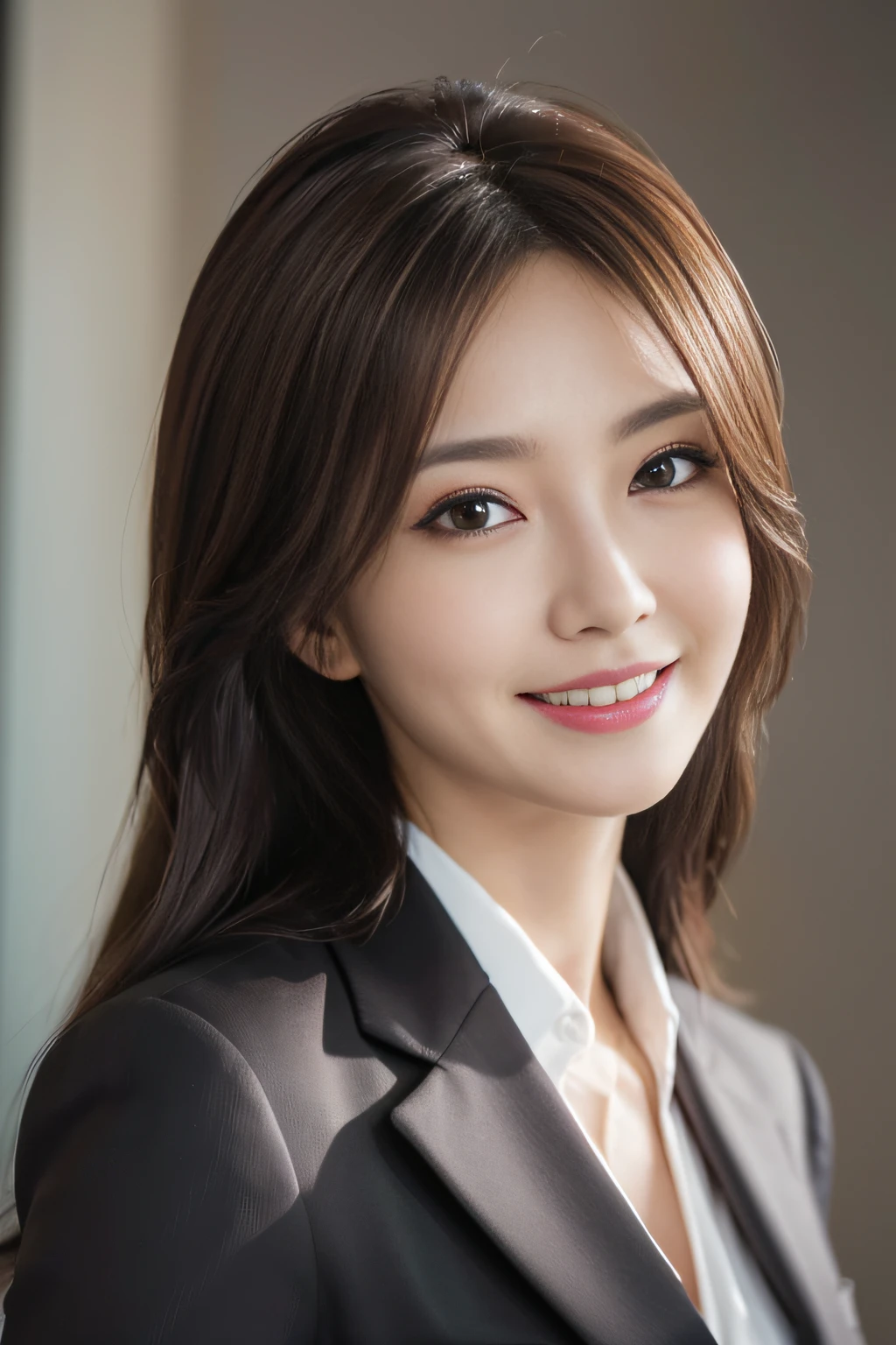 masutepiece, Best Quality, Photorealistic, Ultra-detailed, finely detail, High resolution, 8K Wallpaper, 1 beautiful woman,, light brown messy hair, in a business suit, foco nítido, Perfect dynamic composition, Beautiful detailed eyes, detailed hairs, Detailed realistic skin texture, Smiling, Close-up portrait, Model body type、Laughing、