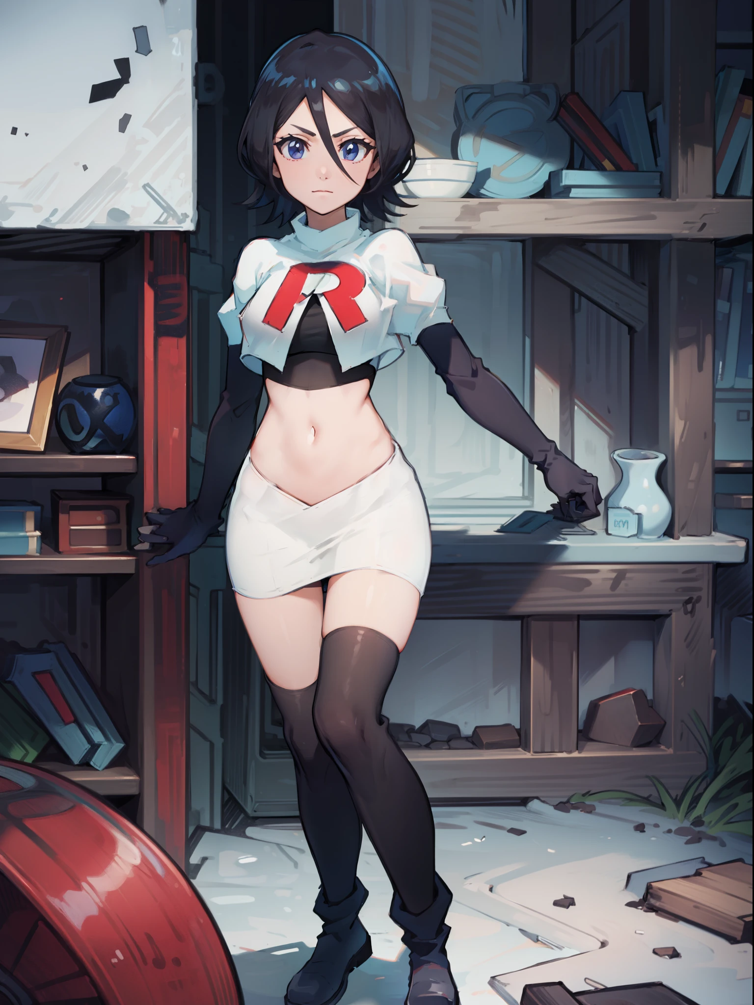 Black color hair, team rocket uniform, red letter R, white skirt,white crop top,black thigh-high boots, black elbow gloves,