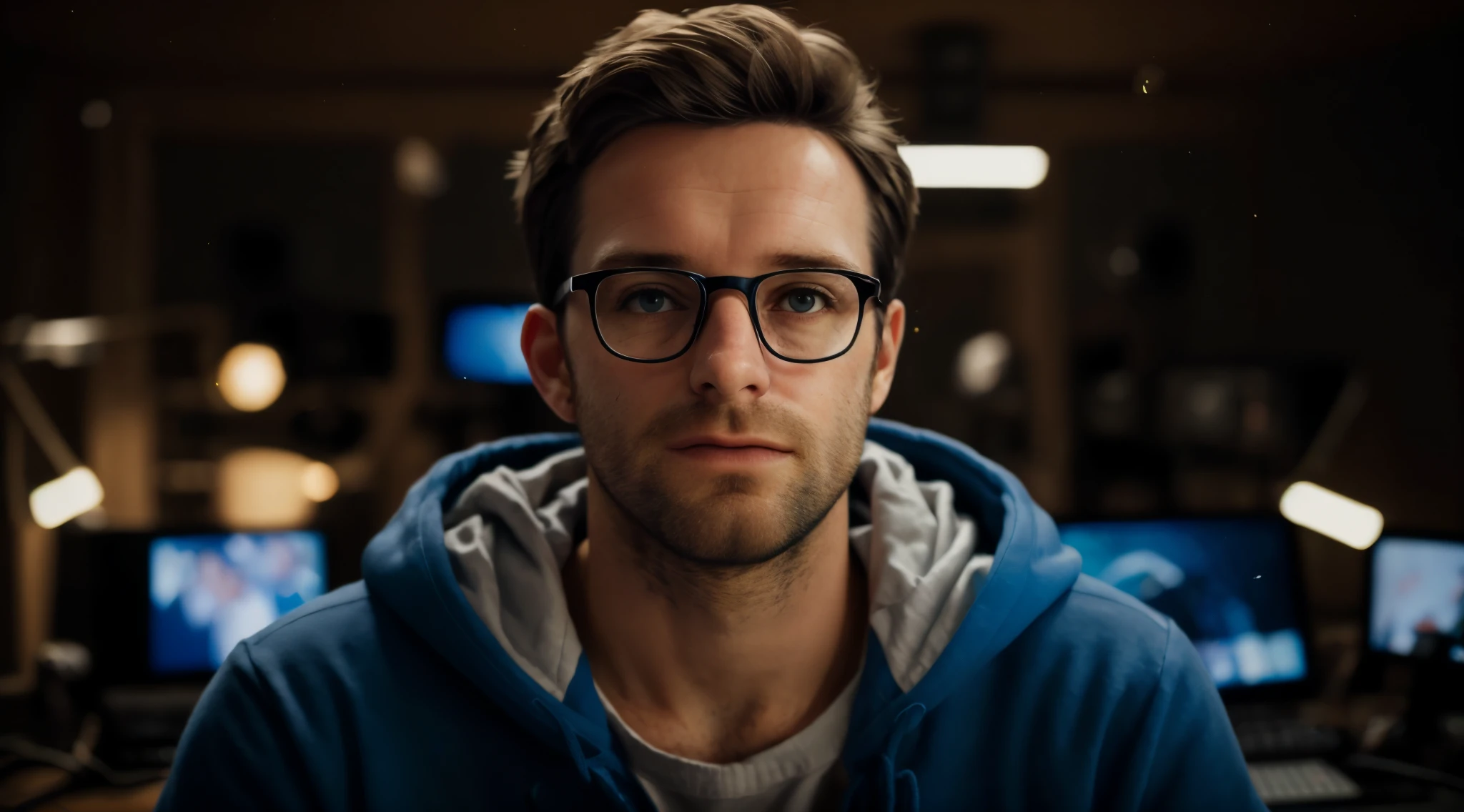 sharp man with blue hood and glasses in a recording studio, retrato de alta qualidade, Retrato VFX altamente detalhado, Anton Fadeev 8 K, retrato vfx altamente detalhado de, Streamer do Twitch / Jogador Ludwig, foto retrato realista, retrato 4k de alta qualidade, Cinematic realistic portrait, Realistic portrait, foto retrato suave 8 k, Retrato 4k, retrato ultra detalhado