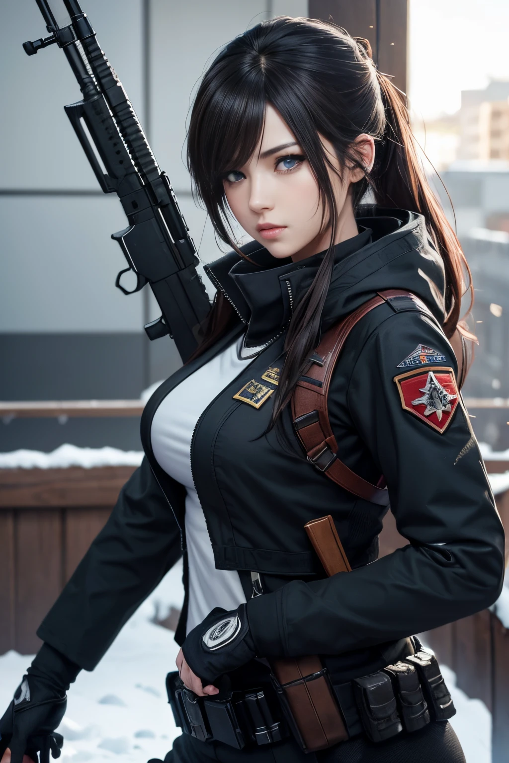 (8k, La mejor calidad, Obra maestra:1.2) personajes de anime labios rojos gruesos y calientes Ojos 4k y cara extremadamente detallados,hermosos ojos azules hermosos ,con pechos enormes muslos hechizantes cuerpo completo sentados en un banco en la nieve con un rifle,  Desde NCSOFT, De Girls Frontline, Ilustraciones oficiales HDR,