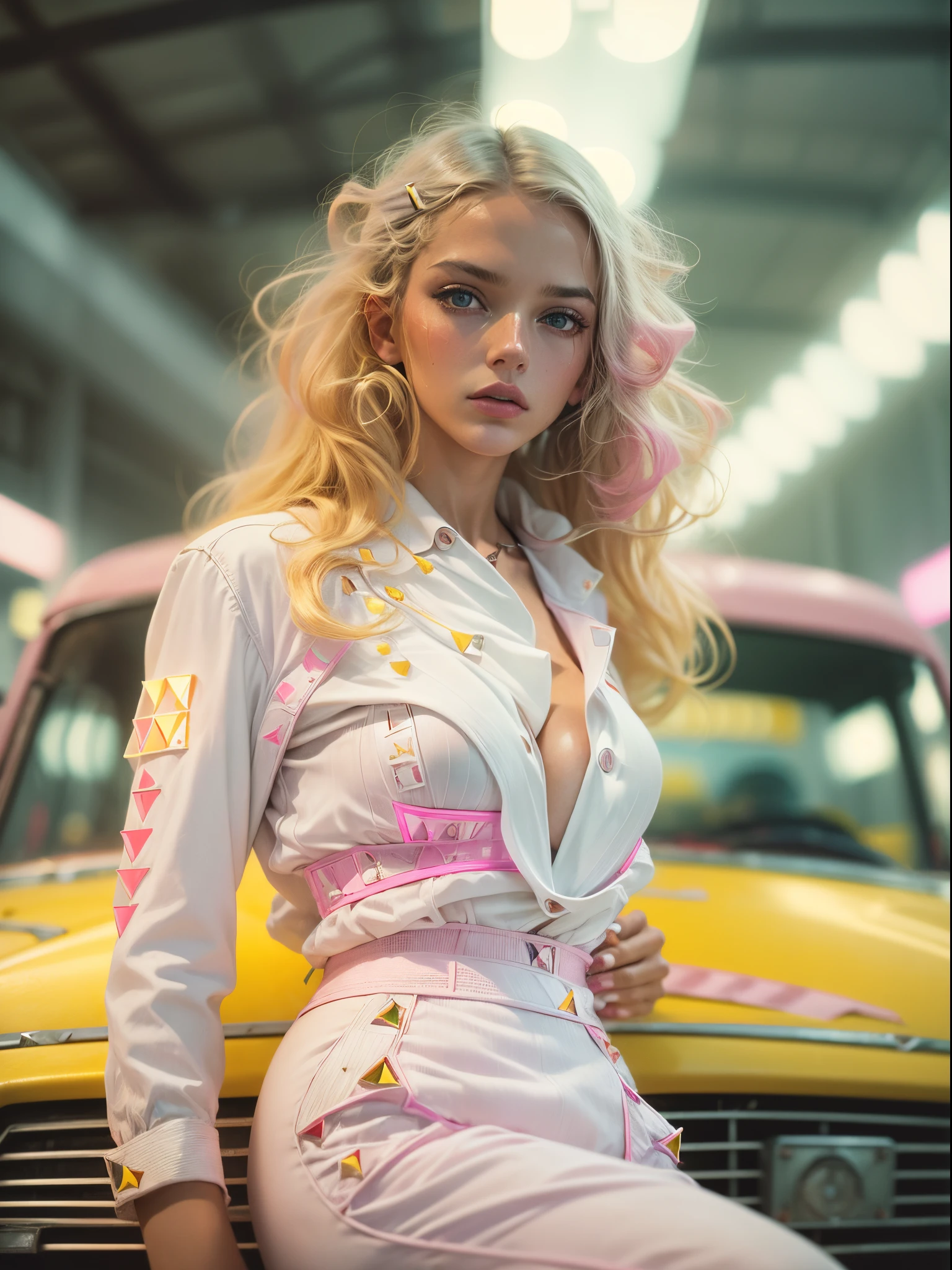 analogue fashion photo shot of young blonde woman with long hair, (((big boobs))) in a 1950 brazilian car factory, ((neon lights pink and yellow lights)), (((((high fashion white clothes in the style of Valentino))))), supermodel, sexy model poses, masterpiece, eye level, Kodak Funsaver, Porta 160, 20mm, bokeh, in the style of Nan Goldin, textured, distressed, ((vintage)), edgy, noisy, high contrast