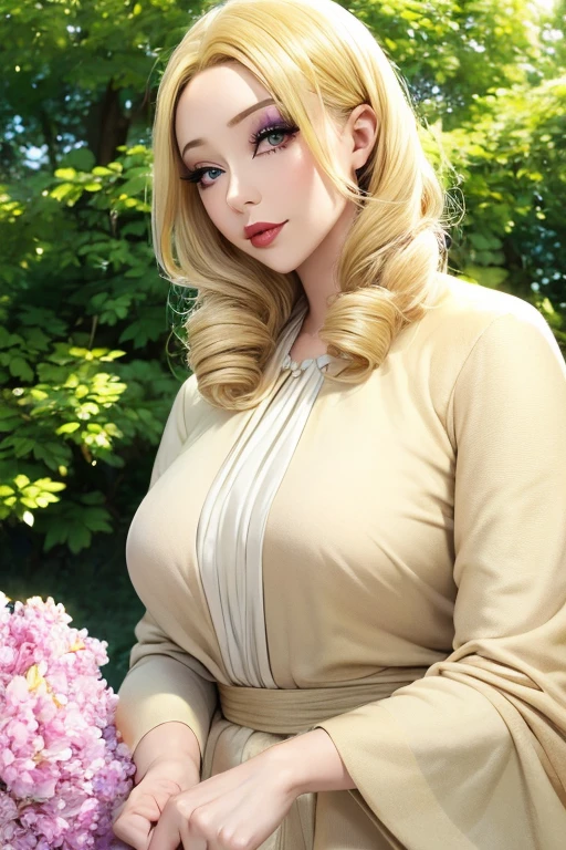 (masutepiece:1.2), (Best Quality:1.2), Perfect eyes, Perfect face, Perfect Lighting, 1girl in, Mature woman in the field, medium blonde hair, Curly hair, detailed  clothes, Detailed outdoor background, makeup, eyeshadows, thick eyelashes, Fantasy, Looking at the viewer, spring