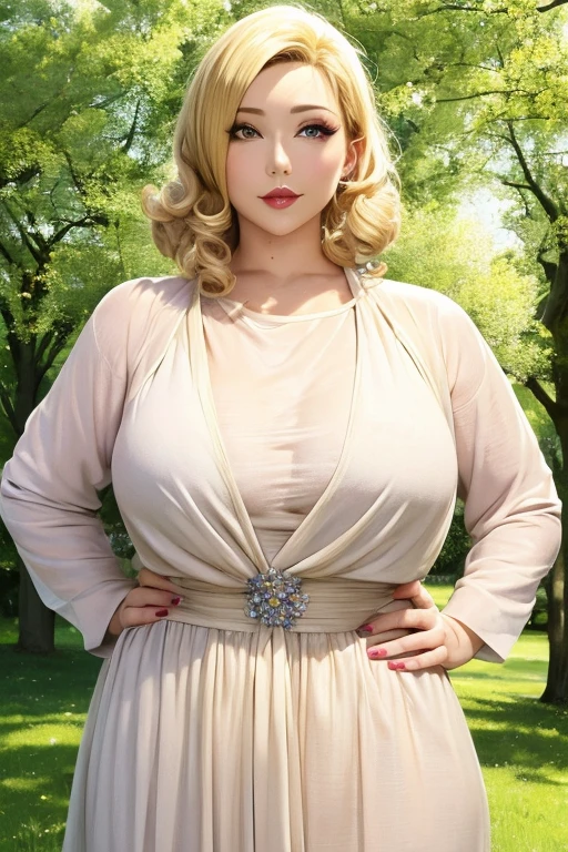 (masutepiece:1.2), (Best Quality:1.2), Perfect eyes, Perfect face, Perfect Lighting, 1girl in, Mature woman in the field, medium blonde hair, Curly hair, detailed  clothes, Detailed outdoor background, makeup, eyeshadows, thick eyelashes, Fantasy, Looking at the viewer, spring