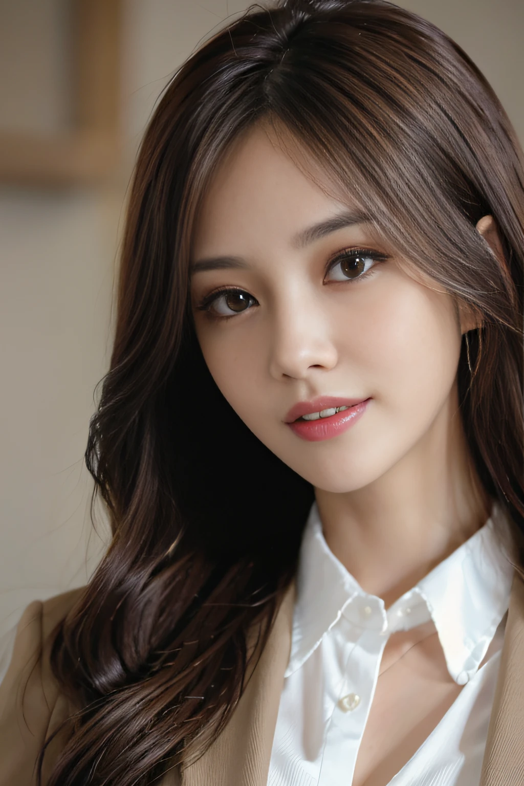 masutepiece, Best Quality, Photorealistic, Ultra-detailed, finely detail, High resolution, 8K Wallpaper, 1 beautiful woman,, light brown messy hair, in a business suit, foco nítido, Perfect dynamic composition, Beautiful detailed eyes, detailed hairs, Detailed realistic skin texture, Smiling, Close-up portrait, Model body type