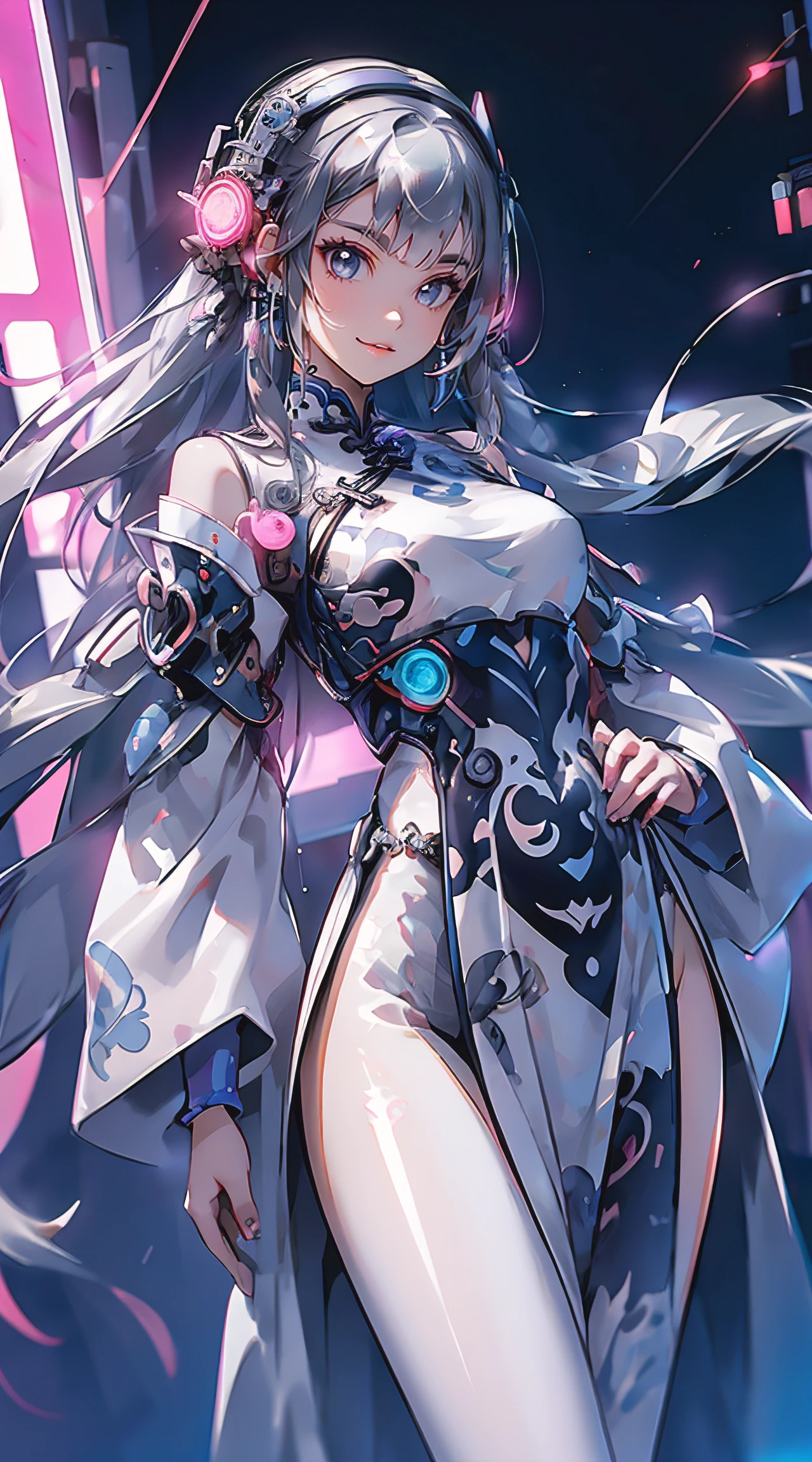 1 girl, Chinese_clothes, liquid silver and pink, cyberhan, cheongsam, cyberpunk city, dynamic pose, glowing headphones, glowing hair accessories, long hair, glowing earrings, glowing necklace, cyberpunk, high-tech city, full of mechanical and futuristic elements, futuristic, technology, glowing neon, pink, pink light, transparent tulle, transparent streamers, laser, digital background urban sky, big moon, with vehicles, best quality, masterpiece, 8K, character edge light, Super high detail, high quality, the most beautiful woman in human beings, smiling slightly, face facing front and left and right symmetry, ear decoration, beautiful pupil light effects, visual data, silver-white hair, hair is not messy, long hair over the waist, luminous electronic watch, deep eyes, happy, English doodling