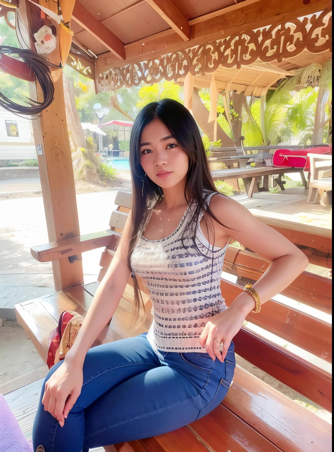 Araffe woman sitting on a bench in a wooden structure, a young asian woman, thawan duchanee, young asian girl, nivanh chanthara, 2 7 years old, asian girl, lovely woman, asian women, anime thai girl, 2 8 years old, 2 2 years old, 2 4 year old female model, 21 years old