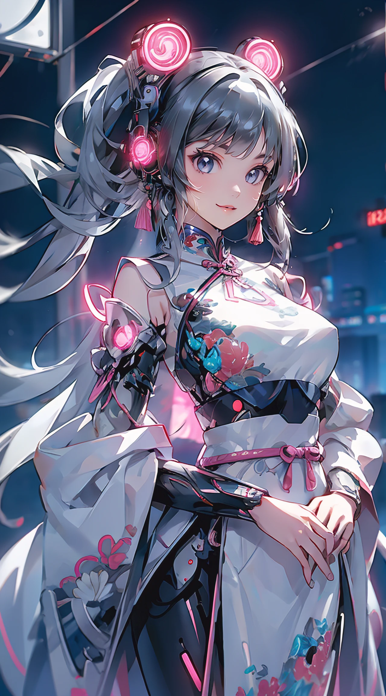 1 girl, Chinese_clothes, liquid silver and pink, cyberhan, cheongsam, cyberpunk city, dynamic pose, glowing headphones, glowing hair accessories, long hair, glowing earrings, glowing necklace, cyberpunk, high-tech city, full of mechanical and futuristic elements, futuristic, technology, glowing neon, pink, pink light, transparent tulle, transparent streamers, laser, digital background urban sky, big moon, with vehicles, best quality, masterpiece, 8K, character edge light, Super high detail, high quality, the most beautiful woman in human beings, smiling slightly, face facing front and left and right symmetry, ear decoration, beautiful pupil light effects, visual data, silver-white hair, hair is not messy, long hair over the waist, luminous electronic watch, deep eyes, happy, English doodling
