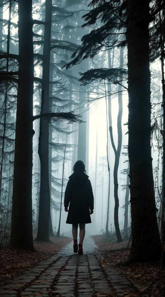 uma menina bonita, corpo inteiro,
horror, quebrado, distorcido, heaven, nevoeiro, smoke billowing, floresta escura, criaturas sombrias,
Junji Ito, silhouette of a girl walking through the trees, cena de filme de terror, Floresta assustadora neblina assustadora, silhouette of a girl walking through trees and scary fog,
obra-prima, ultra alta res, alta qualidade, cinematic lighthing,