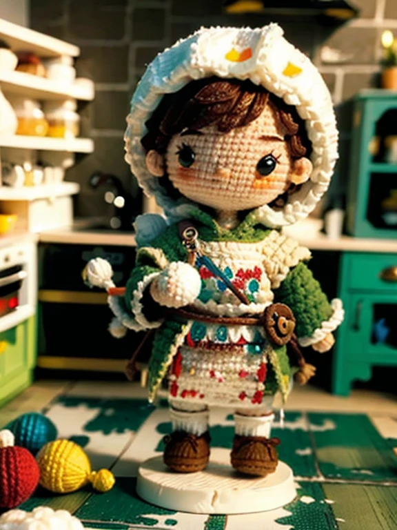 a cute marshmallow illustration, brave warrior, medieval style, 3d animation, a dark and enormous kitchen for background, Blurry background, lord of the rings ambience