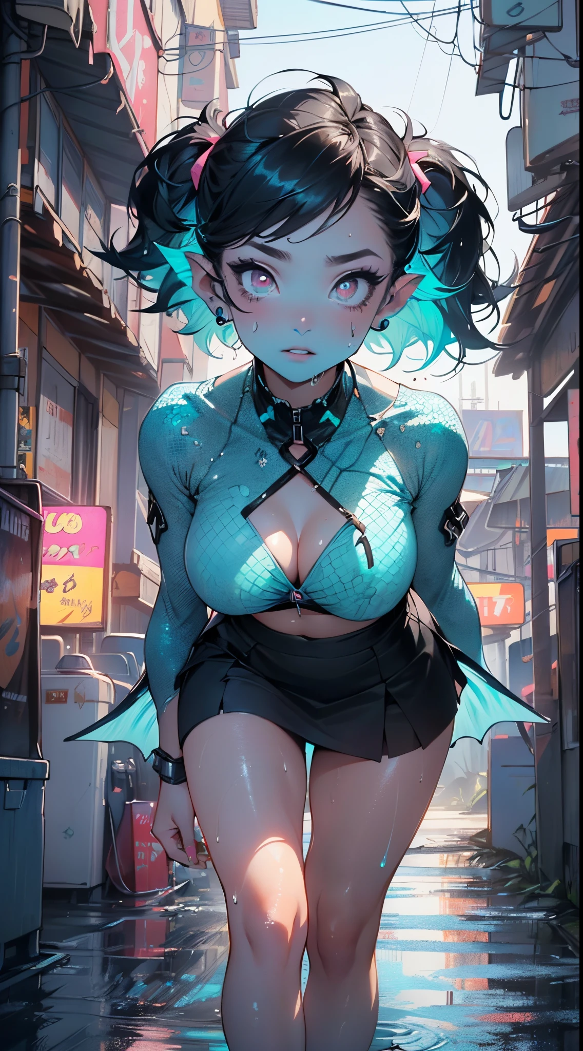 girl alien,(((1girl))),((beautiful girl alien)),
Alien Fish girl, ((blue skin:1.5)), (huge eyes:1.5), (((ear fins:1.5))), (((scaly skin:1.5))),((monster_girl)),(deep blue skin:1.5),
(turquoise hair:1.5), short hair, (((very short hair:1.5, twintails hairstyle))),
(glowing eyes, turquoise_eyes:1.0), (((black sclera:1.5))),symmetrical eyes,(large breasts:1.4),saggy breasts,((colored inner hair)),((fat)),(((shiny body,plastic glitter skin,exaggerated shiny skin,illuminated skin,wet legs))),(spider lower abdomen,narrow waist,wide hip,athletic body,inflated legs,detailed body,(detailed face)),
cute,slutty,seductive,erotic,((nsfw)),
zettai ryouiki,revealing clothing,show skin,((rave bikini,((neon pink color rave mini-skirt)),visible thong straps)),((underpants strap)),(wearing a rave dancing outfit:1.3,rave dancing clothes,semi-naked,with little clothing),(((pink clothes))),((wet clothes,intricate outfit,intricate clothes)),
(dynamic pose:1.0),solo focus,embarrassed,(centered,scale to fit dimensions,Rule of thirds),
cyberpunk city by the ocean at night, with bright neon signs and dark stormy clouds and puddles, scenery:1.25,nighttime, starry night, cosmos,Very dark night that makes the neon lights stand out, very bright neon lights,
artistic photography,(photography taken by sldr),highres, sharp focus,(ultra detailed, extremely detailed), (photorealistic artwork:1.37),(extremely detailed CG unity 8k wallpaper),((synthwave background theme)),(((vibrant colors))),intricate,(intricate background),(masterpiece),(best quality),perfect rendered face,perfect face details,realistic face,photo realistic,analog style,((intricate detail)),(((realism))),