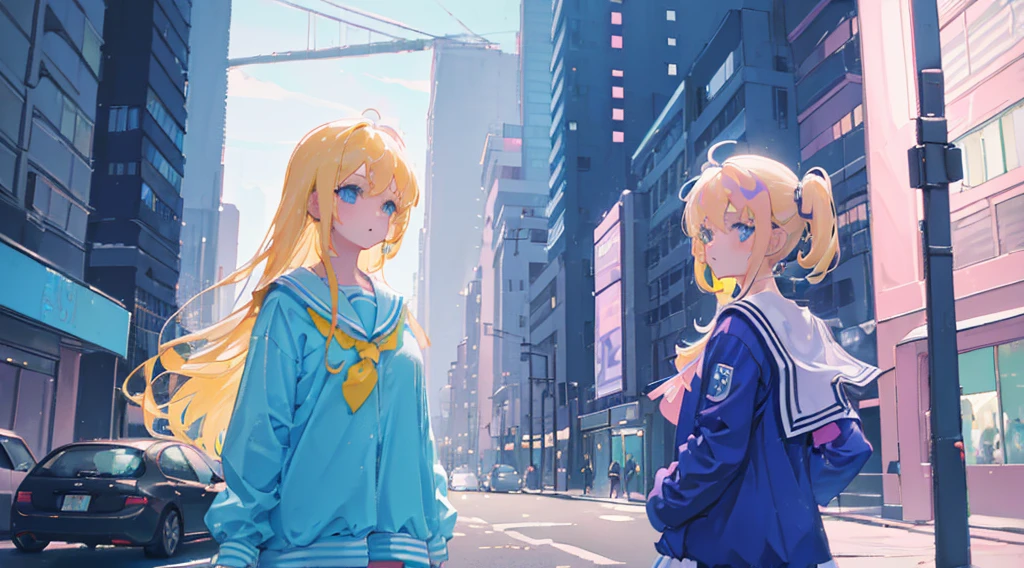 (((pastel colour))), (2 girls, blonde hair, blue eyes, sailor suit), (blue cyberpunk city, blue neon)