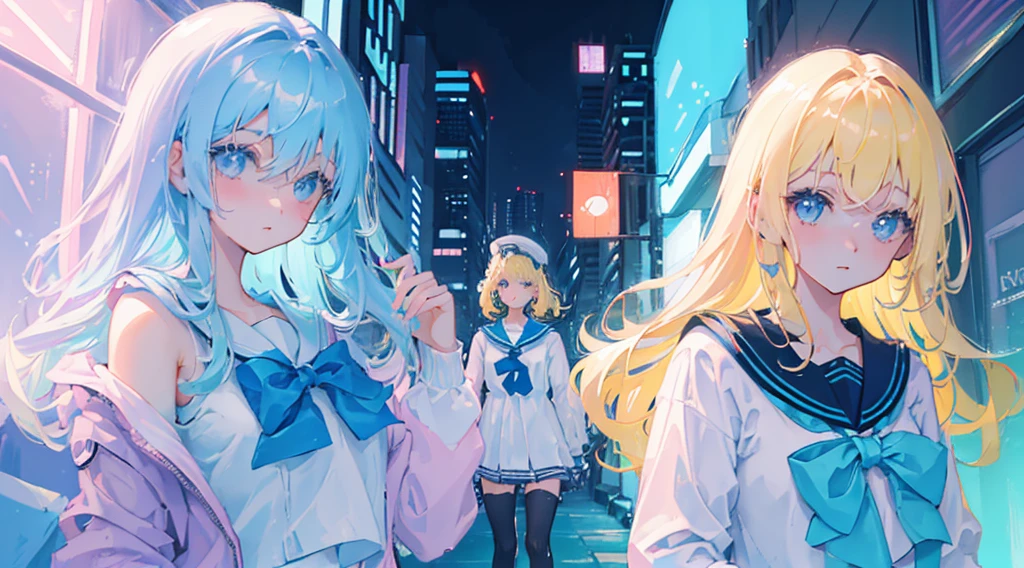 (((pastel colour))), (2 girls, blonde hair, blue eyes, sailor suit), (blue cyberpunk city, blue neon)