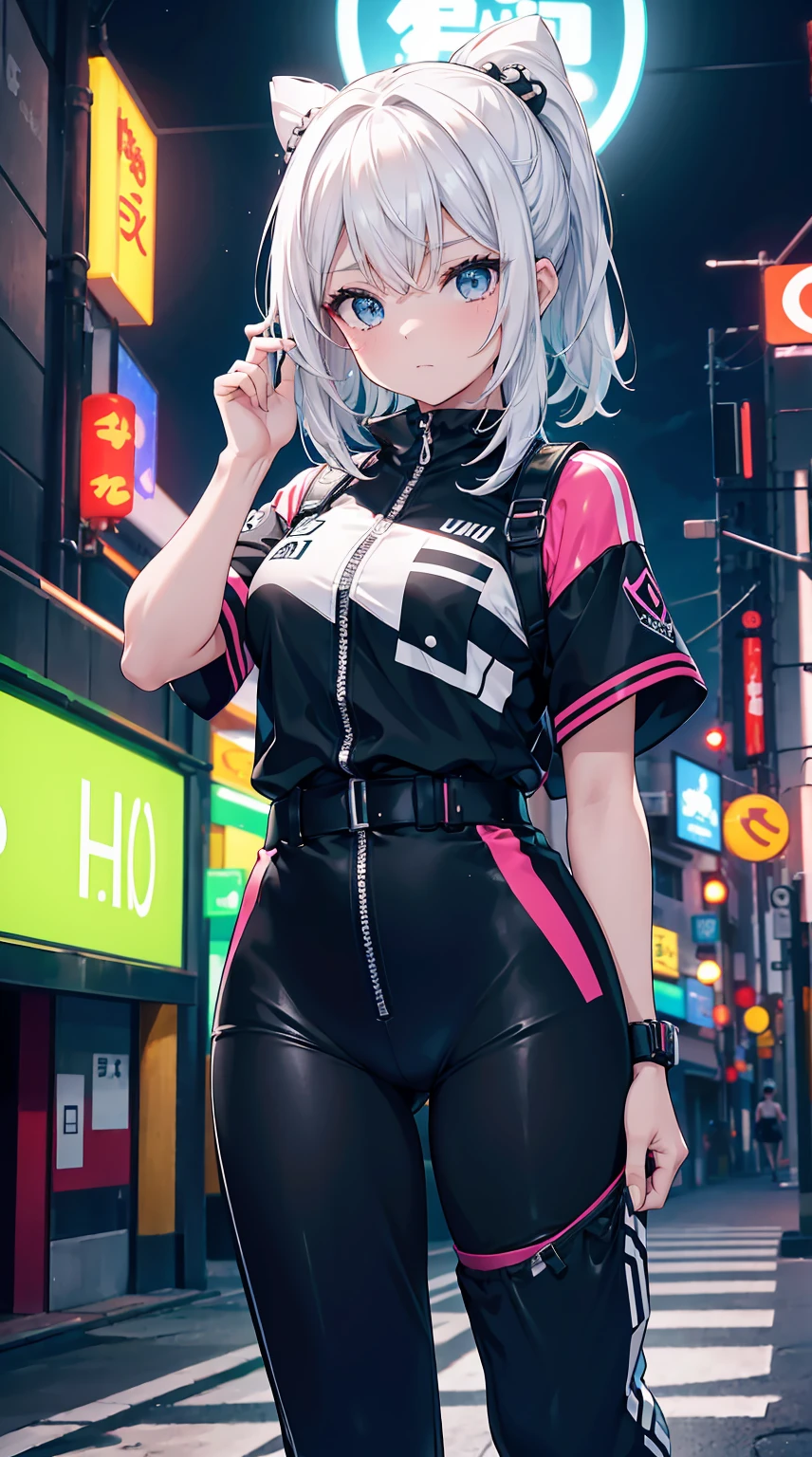 obra prima,  4K Ultra HD, foco nítido, realista, uma garota no estilo Gura Gawr de Hololive, but with the following characteristics: Athletic girl, Wearing a stylized black and white jumpsuit, in a Japanese city at night with lots of neon lights, Inspirado no estilo de arte GUWEIZ