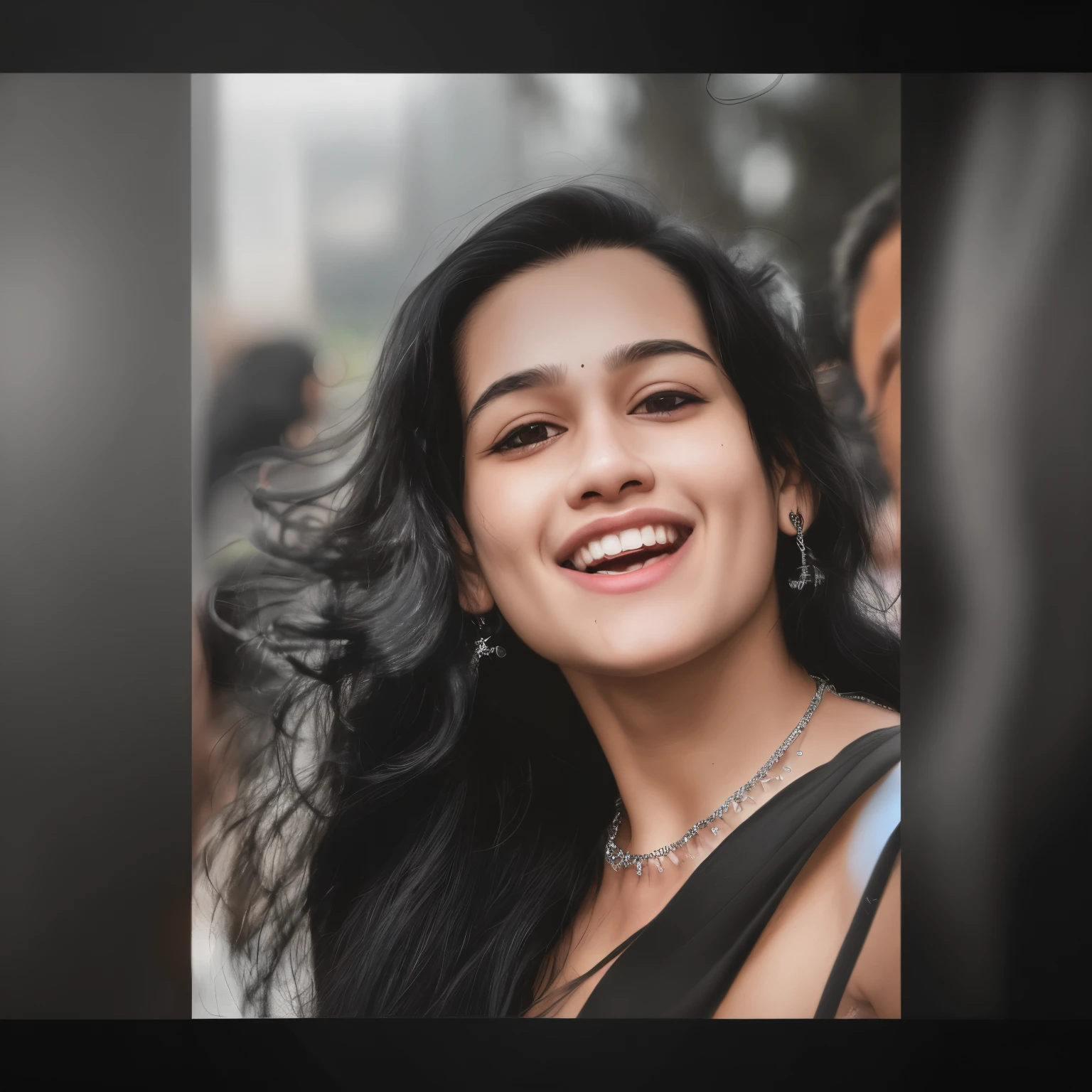 smiling woman with long black hair and a necklace on her neck, close - up portrait shot, candid portrait, candid portrait photograph, candid portrait photo, close up portrait, portait image, close up portrait shot, by Max Dauthendey, closeup portrait shot, medium close up portrait, by Sunil Das, mid shot portrait, face, photo of a woman