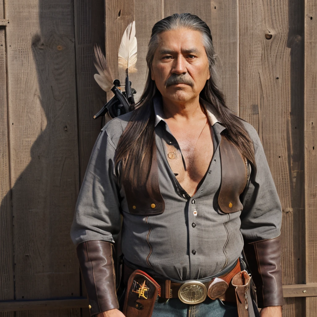 9'5" tall giant Cherokee outlaw, deerskin shirt, black Western duster, twin old West revolvers in gun belt and leather holsters, chest length gray beard, shoulder length black and grey hair adorned with native American feathers