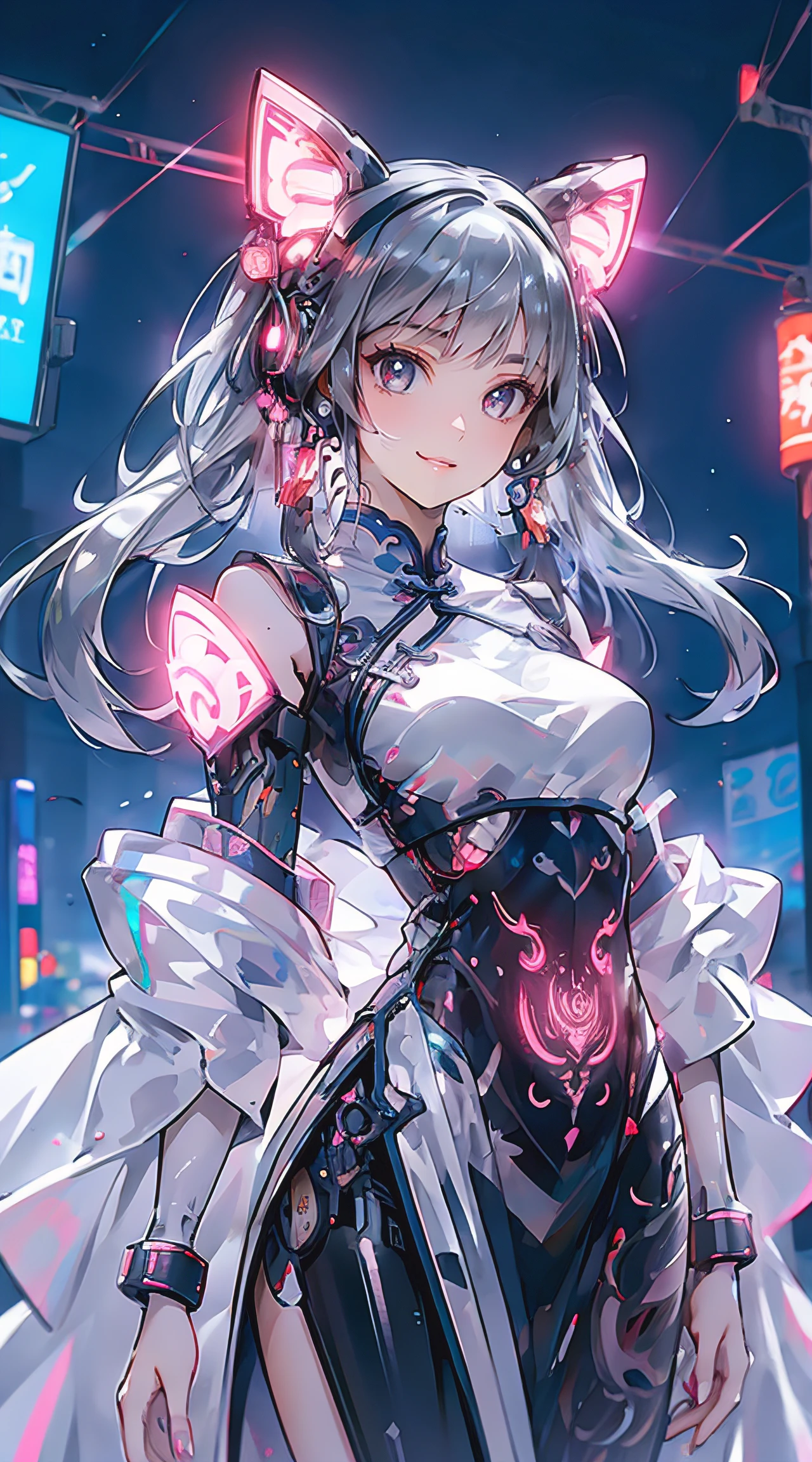 1 girl, Chinese_clothes, liquid silver and pink, cyberhan, cheongsam, cyberpunk city, dynamic pose, glowing headphones, glowing hair accessories, long hair, glowing earrings, glowing necklace, cyberpunk, high-tech city, full of mechanical and futuristic elements, futuristic, technology, glowing neon, pink, pink light, transparent tulle, transparent streamers, laser, digital background urban sky, big moon, with vehicles, best quality, masterpiece, 8K, character edge light, Super high detail, high quality, the most beautiful woman in human beings, smiling slightly, face facing front and left and right symmetry, ear decoration, beautiful pupil light effects, visual data, silver-white hair, hair is not messy, long hair over the waist, luminous electronic watch, deep eyes, happy, English doodling