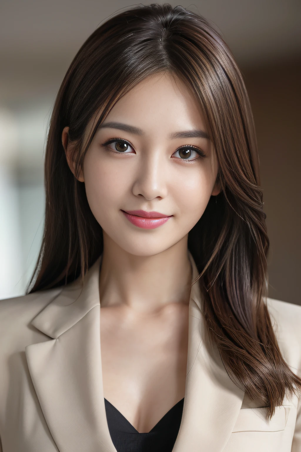 masutepiece, Best Quality, Photorealistic, Ultra-detailed, finely detail, High resolution, 8K Wallpaper, 1 beautiful woman,, light brown messy hair, in a business suit, foco nítido, Perfect dynamic composition, Beautiful detailed eyes, detailed hairs, Detailed realistic skin texture, Smiling, Close-up portrait, Model body type