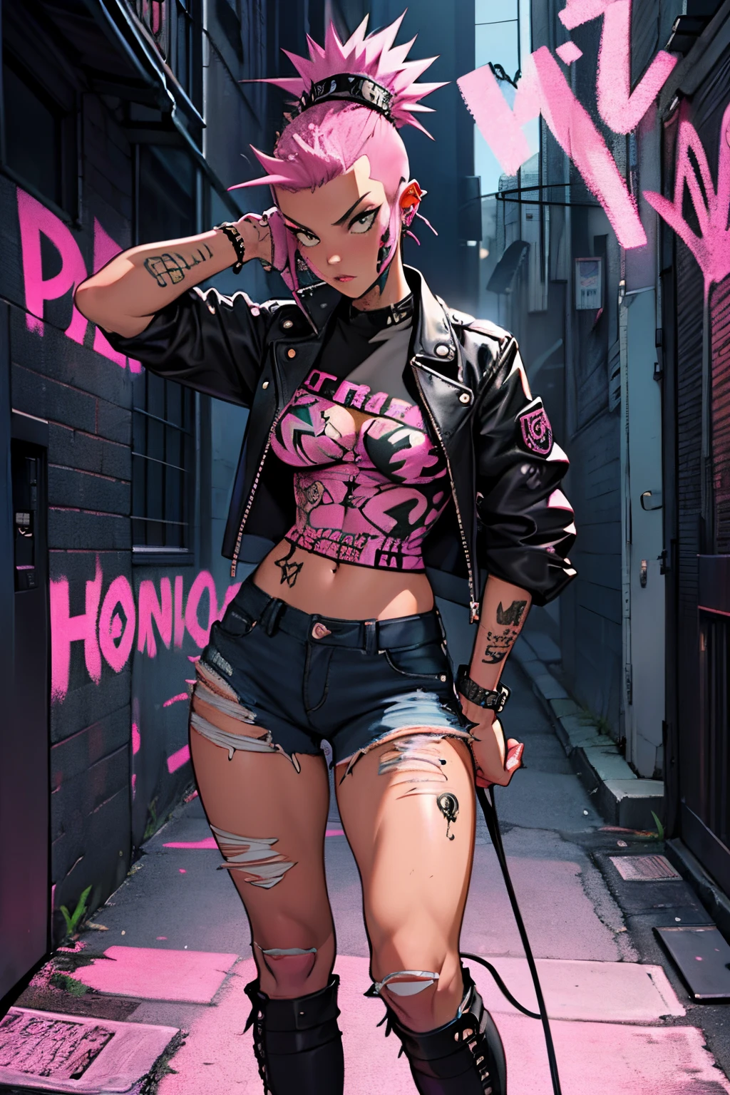 1 girl, slender,  pink mohawk, she is Punk Mambo.  A mic of London Punk and Voodoo, torn  torn jeans, Doc Martens sprayed with voodoo symbols.  nice tigths
