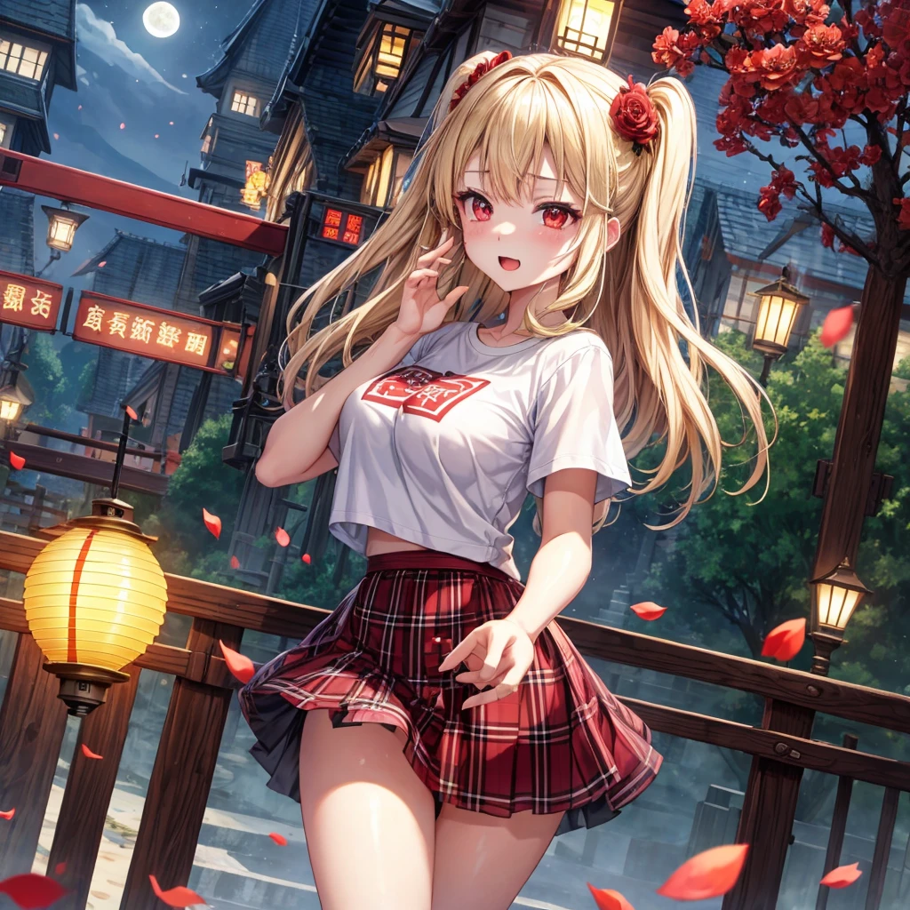a blond、red eyes、one good looking girl、独奏、animesque、lightly dressed、Plaid miniskirt、flower petals、wetting hair、Black T-shirt、large tree、云、fullmoon、railroad crossing、monster castle、lantern