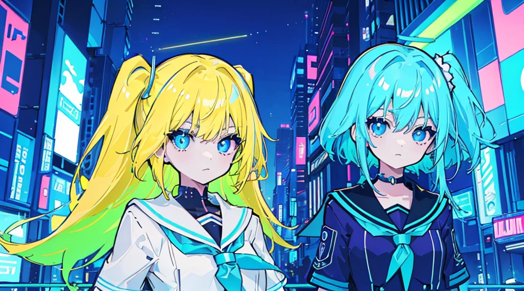 (((neon colors))), (2 girls, blonde hair, blue eyes, sailor suit), (blue cyberpunk city, blue neon)