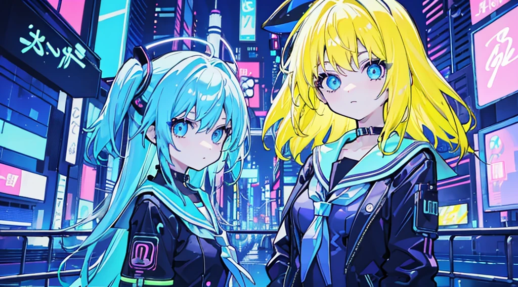 (((neon colors))), (2 girls, blonde hair, blue eyes, sailor suit), (blue cyberpunk city, blue neon)