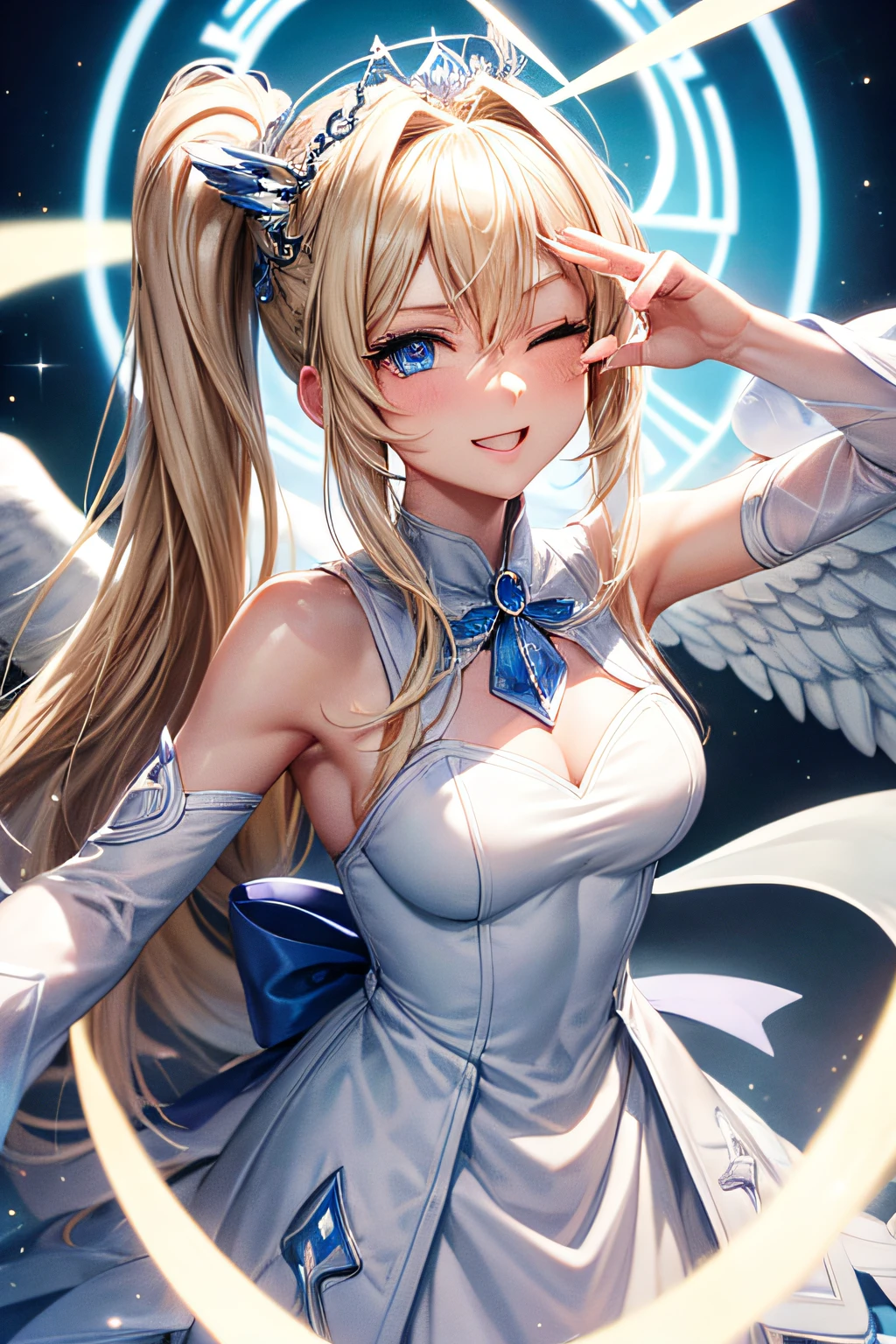 blue eyes, angel, winking, angel with white wings, blonde hair, long hair, side ponytail, halo, tiara, one eye closed, happy, anime style, high detail, anime, Op art, glowing light, UHD, retina, textured skin, award winning, masterpiece, super detail, best quality, ccurate, high details, highres, anatomically correct, high quality