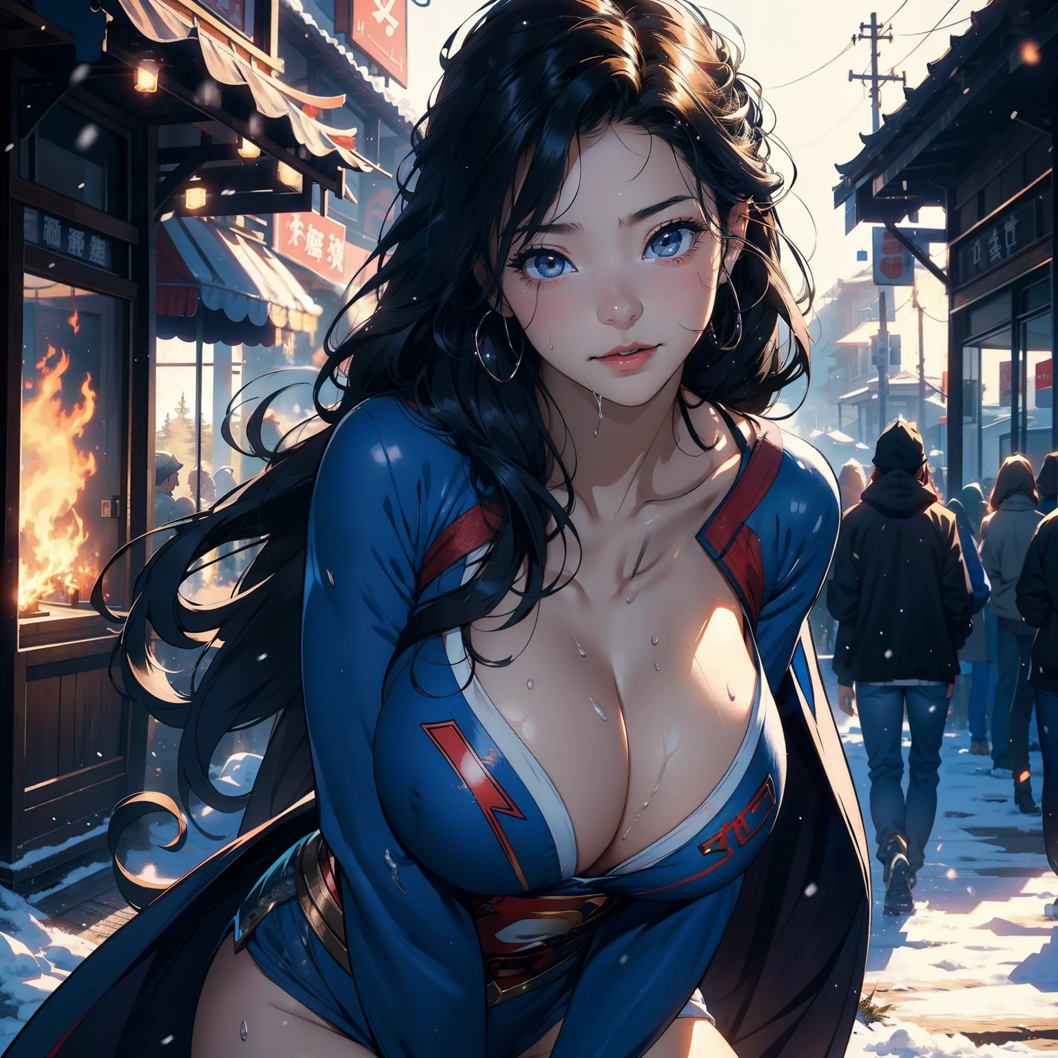 1female，ar old，Huge cleavage， photo exposure， 独奏，（Background with：coniferous forest，at winter season，There is snow on the ground）  She has flowing black hair， Stood up，sweat profusely，drenched all over the body，Supergirl wears Superman uniform，blue color eyes，Street， hair straight， Very long hair，The sky is mostly cloudy，（（（tmasterpiece），（Very detailed CG unified 8k wallpaper），Best quality at best，电影灯光，detailed back ground，beautidful eyes，Bright pupils，（very delicate beautiful），（Beautiful and detailed eye descriptions），ultra - detailed，tmasterpiece，）），facing at the camera，A high resolution，ultra - detailed），revealing breasts，facing at the camera，face flushed，Orgasmic face，ssmile， photo exposure，Protruding underparts，Camel toes，with no underpants，legs are open