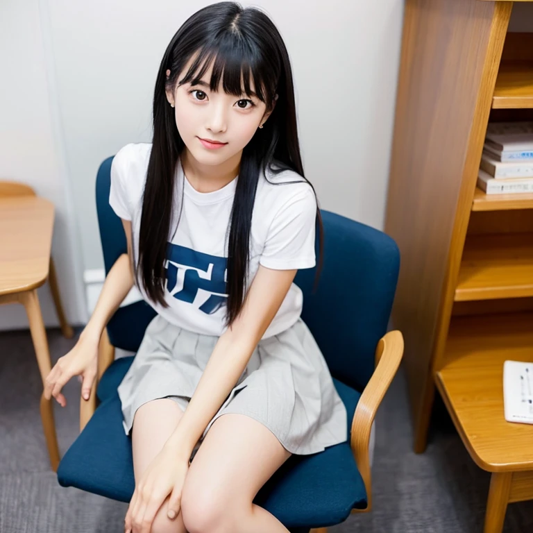 An ultra-high picture quality、Perfect Photo、Japan beautiful girl、17 age、female high-school student、Slender body、Black hair Long hair、With bangs、Cute room、Own room、Sit on a chair、Raised mini skirt、Stretch comfortably、Wearing only a plain white T-shirt、Gaze from above、Nokezoru、Adored expression、It hurts a lot、Dazzling、Looks very dazzling、((Stand up on one knee))、(Put one foot on the chair)、