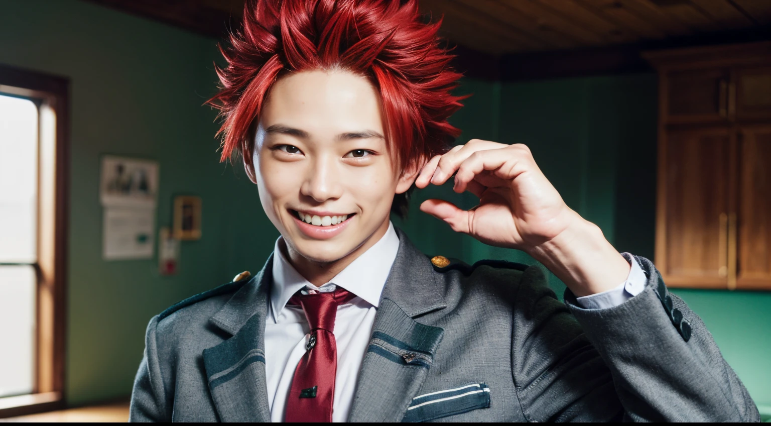 (masterpiece, best quality:1.2), cowboy shot, solo, male focus, 1boy, kirishima eijiro, sharp teeth, smile, looking at viewer, hand in pocket, u.a. school uniform, grey jacket, necktie, green pants, (teenager), ************, young, boy, red hair