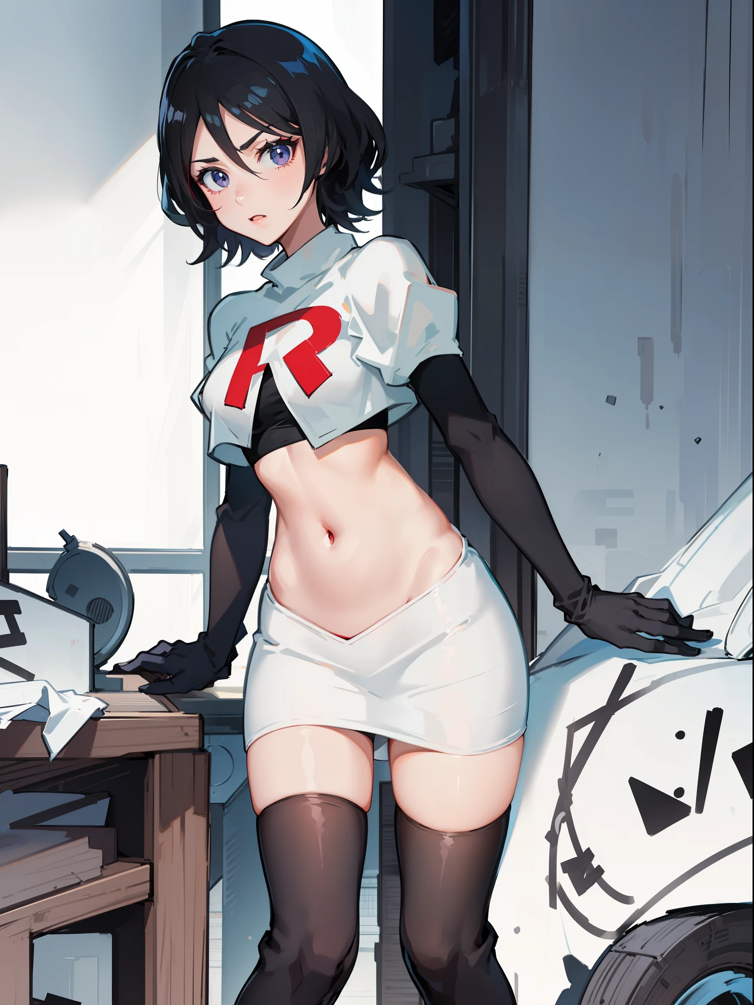 Black color hair, team rocket uniform, red letter R, white skirt,white crop top,black thigh-high boots, black elbow gloves,