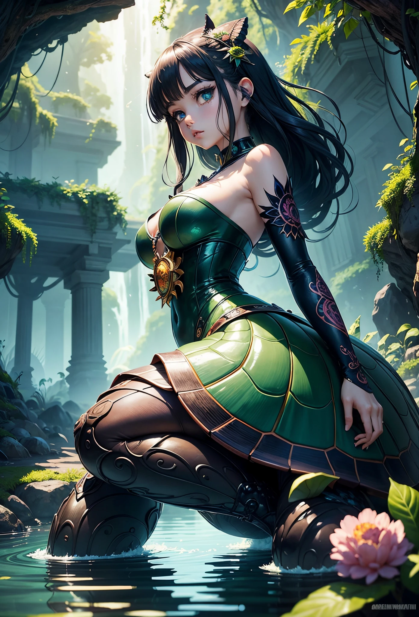 anime style,turtle,beautiful detailed eyes,sharp focus,vivid colors,horror illustrations,lush greenery,water reflection,detailed shells,stylized artworks,turtle in action,cartoonish,anime eyes,lighting effects,depth and volume,dynamic poses,bright colors,resplendent hues,contrasting tones,fantasy world,mysterious setting,highly detailed characters,lively and energetic ambiance