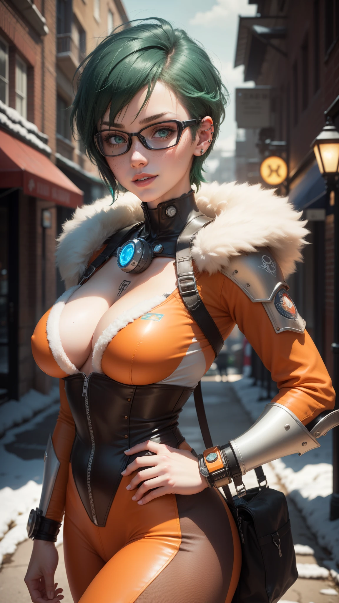 gwen tennyson,tracer,bulma,rebecca chambers,overwatch,atelier ryza,close up,christmas town,tattoos,orange plugsuit,short sleeve pilot top,short sleeve pilot jacket,orange sport leggings,mech pilot leather corset, short hair,punk makeup,green eyes,multicolored silver hair,sexy smile,freckles,beautiful girl,large breasts,8k,ultra detailed,realistic,fantasy art,steel armor,cyborg armor,fur armor, gundam pilot uniform,winter goggles,pilot hair pin,ear piercings,christmas lights,military hand and neck jewelry, walking,(weather:cold),close up,