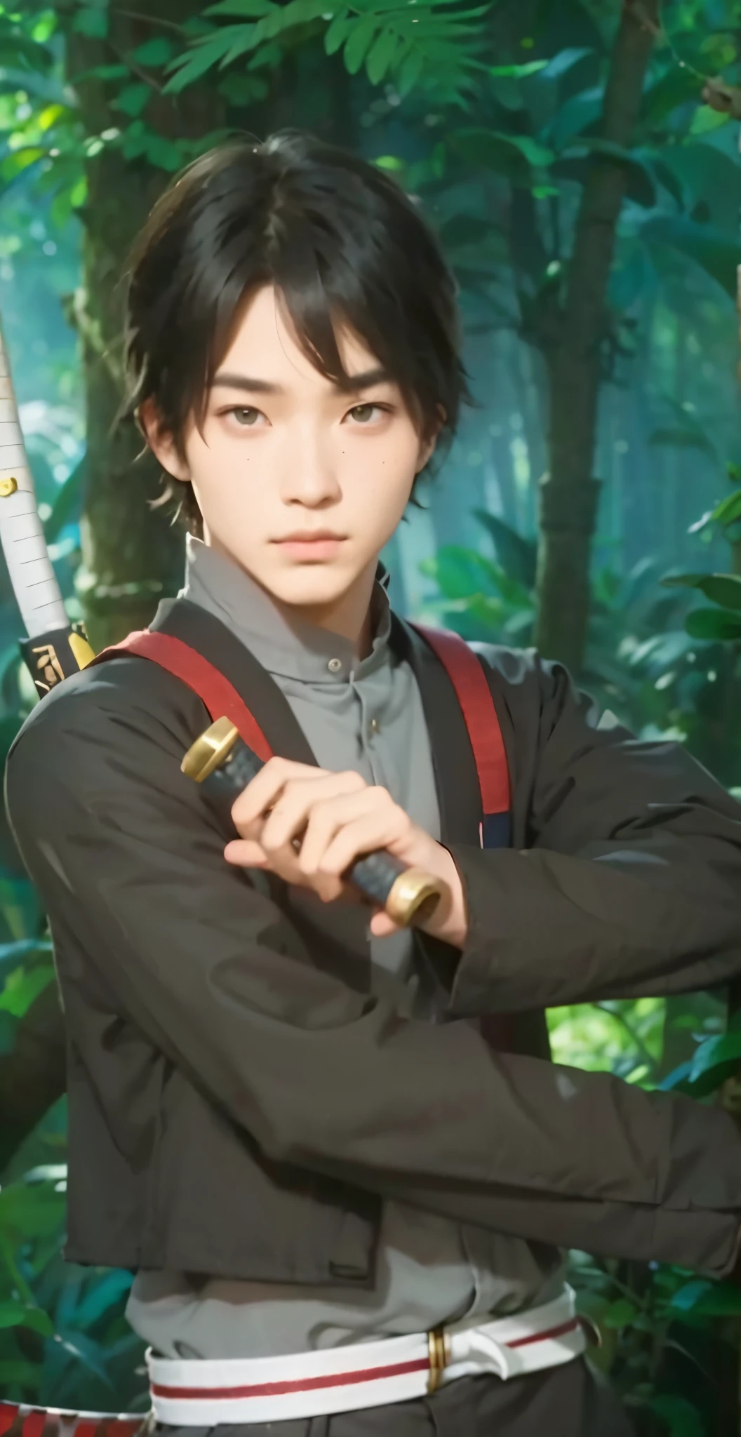 Real life adaption of this character ,teen handsome man, same hair, realistic same katana on the back, holding scroll ninja,(realistic same outfit),realistic jungle background , realistic light, realistic shadow, realism, hyper realistic,(photorealistic:1.2), normal small eyes