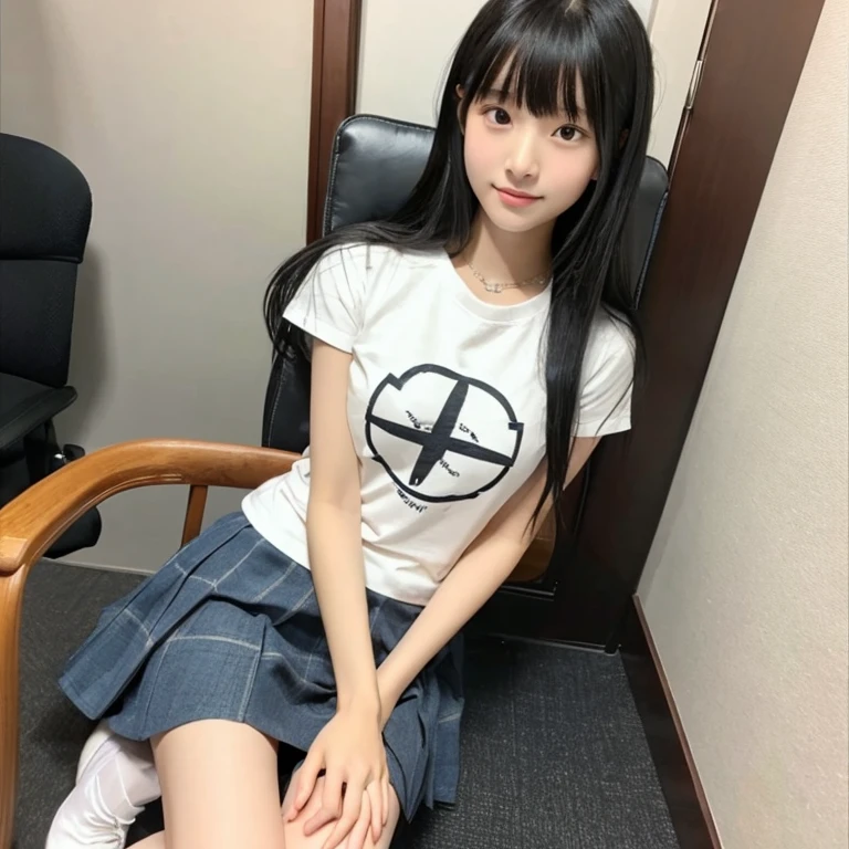 wariza,Sit up,Hands between legs,年轻,(Plaid pleated skirt),flat breast,Black short-sleeved T-shirt,parka,Pupils,teens girl,A dark-haired,delicate and petite body,in a house