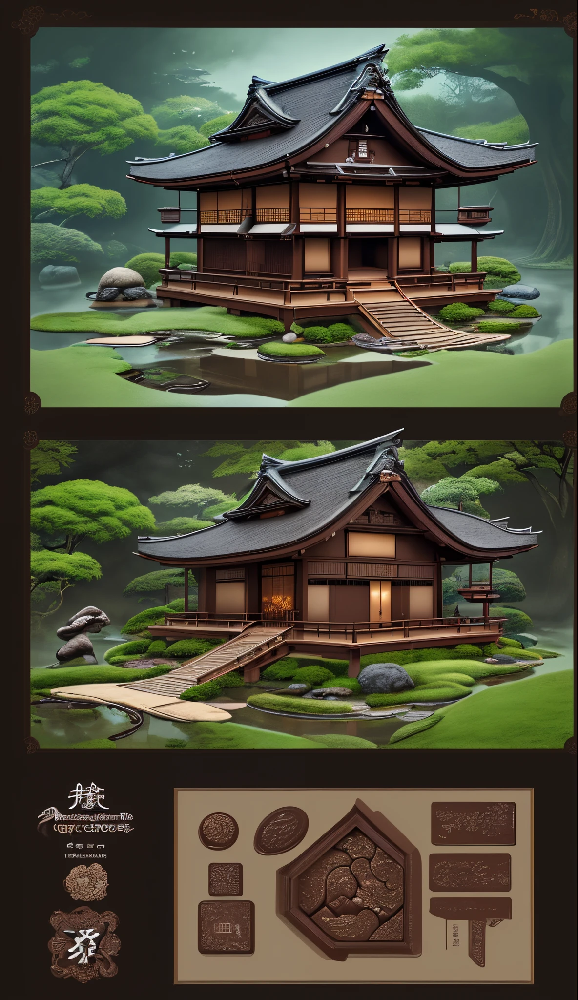 A fantastic chocolate house with Japanese serene zen garden, fantasy art, cartoon, illustration, high quality, intricated details, ultra HD res, printable