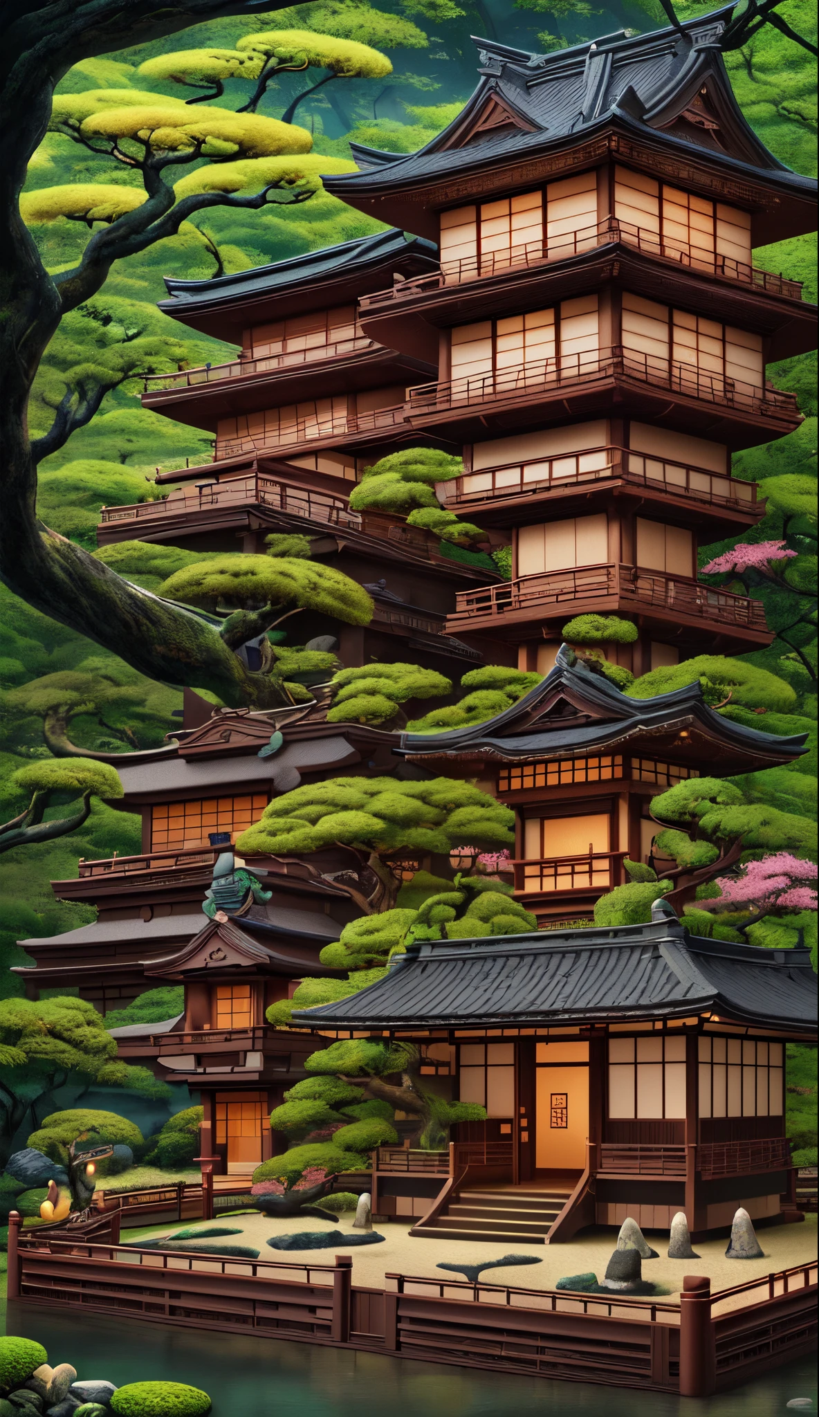 A fantastic chocolate house with Japanese serene zen garden, fantasy art, cartoon, illustration, high quality, intricated details, ultra HD res, printable