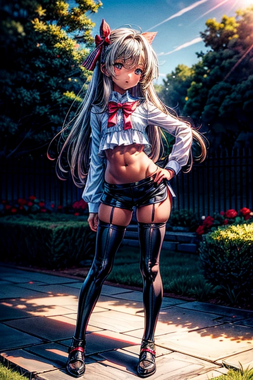 , straight hair, garden, full body, sunrise, hand on hip, red bow, skin tight clotyes, midriff, (wide hips:1), :o, shorts, stockings, blue eyes, dark skin