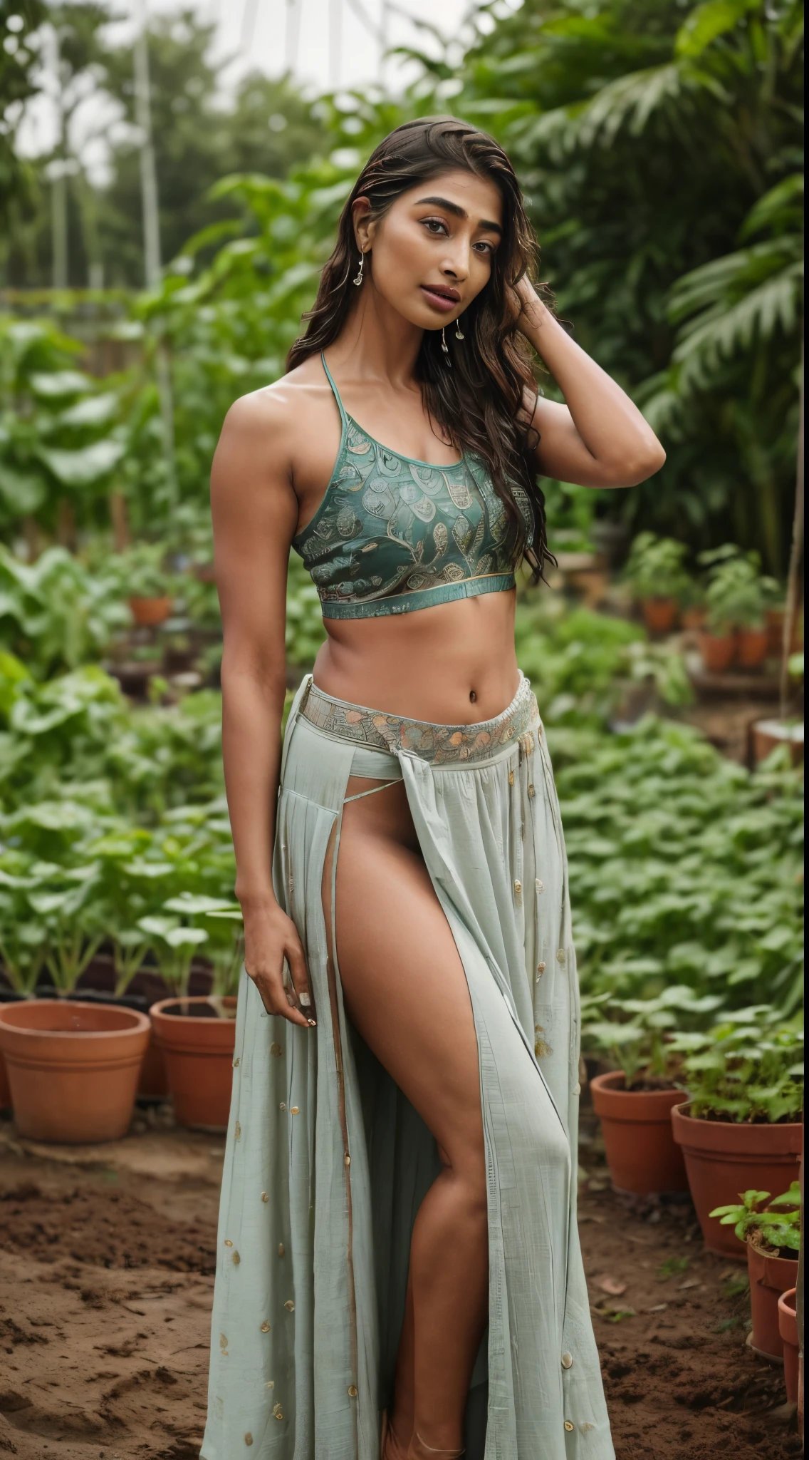 [( photograph of  hottest celebrity pooja hegde (p00j4) (poojah) )] ( ( full body shot,random shot), (no makeup )  tattooed woman, (damaged dirty tank top, random  color long skirt)Tall woman, (she is planting in  the home vegetable garden, light rain background), indian village house garden, lots of vegetables ) (insanely realistic detailed skin texture, detailed face) [depth of fields] ((perfect body parts, (hyper photorealistic  ), 85mm, 100mm lens ))