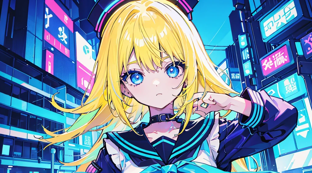 (neon colors), (1 girl, blonde hair, blue eyes, sailor suit), (blue cyberpunk city, blue neon)