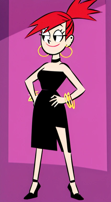 FostersStyle, Frankie Foster, solo, 1 girl, black eyes, black dress, bare shoulders, jewelry, ponytail, bracelet, strapless, hoop earrings, black choker, high heels, abstract background, looking at viewer, hands on hips, smile, high quality, high resolution.