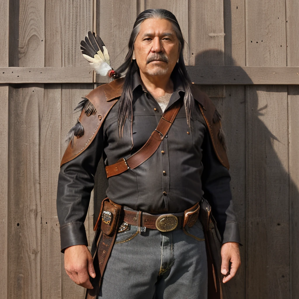 9'5" tall giant Cherokee outlaw, deerskin shirt, black Western duster, twin old West revolvers in gun belt and leather holsters, chest length gray beard, shoulder length black and grey hair adorned with native American feathers