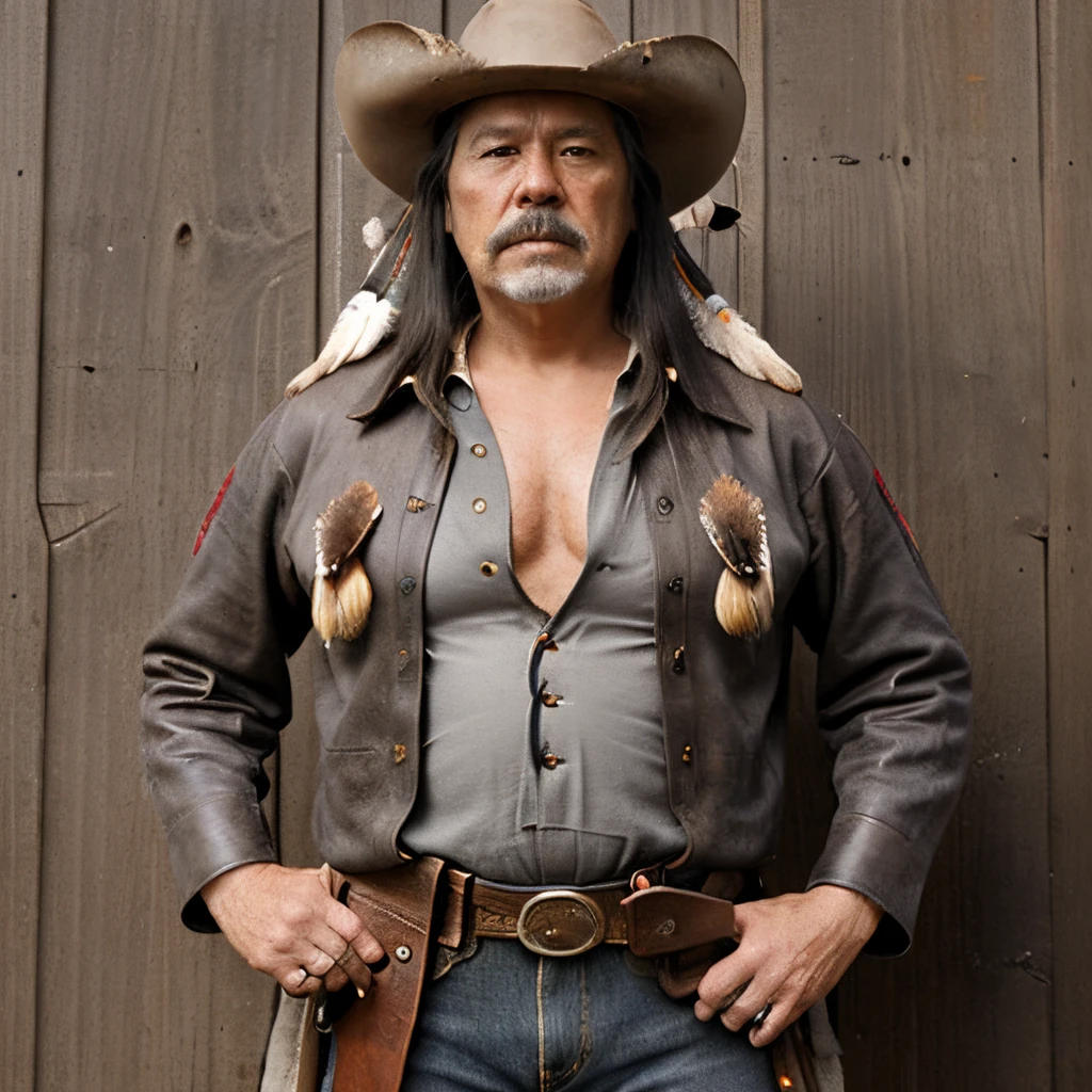 9'5" tall giant Cherokee outlaw, deerskin shirt, black Western duster, twin old West revolvers in gun belt and leather holsters, chest length gray beard, shoulder length black and grey hair adorned with native American feathers